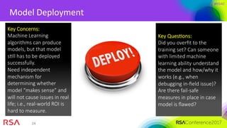 #RSAC
24	
Model	Deployment	
Key Concerns:
Machine Learning
algorithms can produce
models, but that model
sMll has to be deployed
successfully.
Need independent
mechanism for
determining whether
model “makes sense” and
will not cause issues in real
life; i.e., real-world ROI is
hard to measure. 
Key Ques<ons:
Did you overﬁt to the
training set? Can someone
with limited machine
learning ability understand
the model and how/why it
works (e.g., when
debugging in-ﬁeld issue)?
Are there fail-safe
measures in place in case
model is ﬂawed?
 