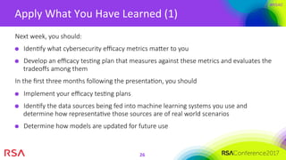 #RSAC
Apply	What	You	Have	Learned	(1)	
26	
Next week, you should:
IdenMfy what cybersecurity eﬃcacy metrics maer to you
Develop an eﬃcacy tesMng plan that measures against these metrics and evaluates the
tradeoﬀs among them 
In the ﬁrst three months following the presentaMon, you should
Implement your eﬃcacy tesMng plans
IdenMfy the data sources being fed into machine learning systems you use and
determine how representaMve those sources are of real world scenarios
Determine how models are updated for future use 
 