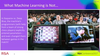 #RSAC
6	
What	Machine	Learning	is	Not…		
In Kasparov vs. Deep
Blue, the machine’s
programmers (with help
from a team of strong
chess players) explicitly
entered parameters --
and even changed them
between games in the
match! 
 