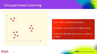 #RSAC
9	
Unsupervised	Learning	
Learn from unlabeled examples

No labels, so no noMon of right/wrong

Useful for idenMfying structure, paerns
in data
 