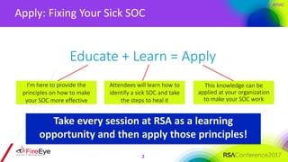 #RSAC
Apply: Fixing Your Sick SOC
2
Educate + Learn = Apply
This knowledge can be
applied at your organization
to make you...