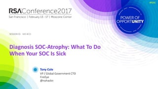SESSION ID:SESSION ID:
#RSAC
Tony Cole
Diagnosis SOC-Atrophy: What To Do
When Your SOC Is Sick
AIR-W11
VP / Global Government CTO
FireEye
@nohackn
 