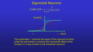 Sigmoidal Neurons
The parameter  controls the slope of the sigmoid function,
while the parameter  controls the horizontal offset of the
function in a way similar to the threshold neurons.
1
0
1
fi(neti(t))
neti(t)
-1

 /
)
)
(
net
(
1
1
))
(
net
( 


 t
i
i i
e
t
f
 =
1
 =
0.1
 