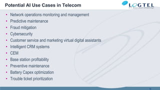 Potential AI Use Cases in Telecom
• Network operations monitoring and management
• Predictive maintenance
• Fraud mitigation
• Cybersecurity
• Customer service and marketing virtual digital assistants
• Intelligent CRM systems
• CEM
• Base station profitability
• Preventive maintenance
• Battery Capex optimization
• Trouble ticket prioritization
58
 