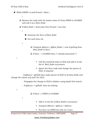 III Year CSE II Sem Artificial Intelligence Unit II
Prepared by N Md Jubair basha, Associate. Professor, CSED,KHIT Page 27
 While (OPEN ≠  and Found = false )
{
 Remove the node with the lowest value of f from OPEN to CLOSED
and call it as a Best_Node.
 If Best_Node = Goal state then Found = true else
{
 Generate the Succ of Best_Node
 For each Succ do
{
 Compute g(Succ) = g(Best_Node) + cost of getting from
Best_Node to Succ.
 If Succ  CLOSED then /* already processed */
{
 Call the matched node as OLD and add it in the
list of Best_Node successors.
 Ignore the Succ node and change the parent of
OLD, if required
- If g(Succ) < g(OLD) then make parent of OLD to be Best_Node and
change the values of g and f for OLD.
- Propogate the change to OLD’s children using depth first search
- If g(Succ) >= g(OLD) then do nothing
}
 If Succ  OPEN or CLOSED
{
 Add it to the list of Best_Node’s successors
 Compute f(Succ) = g(Succ) + h(Succ)
 Put Succ on OPEN list with its f value
www.Jntufastupdates.com
 