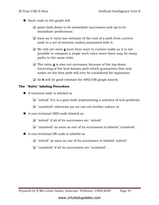 III Year CSE II Sem Artificial Intelligence Unit II
Prepared by N Md Jubair basha, Associate. Professor, CSED,KHIT Page 45
 Each node in the graph will
 point both down to its immediate successors and up to its
immediate predecessor.
 have an h value (an estimate of the cost of a path from current
node to a set of solution nodes) associated with it.
 We will not store g (cost from start to current node) as it is not
possible to compute a single such value since there may be many
paths to the same state.
 The value g is also not necessary because of the top-down
traversing of the best-known path which guarantees that only
nodes on the best path will ever be considered for expansion.
 So h will be good estimate for AND/OR graph search.
The "Solve" labeling Procedure
 A terminal node is labeled as
 "solved" if it is a goal node (representing a solution of sub-problem)
 "unsolved" otherwise (as we can not further reduce it)
 A non-terminal AND node labeled as
 "solved" if all of its successors are "solved".
 "unsolved" as soon as one of its successors is labeled "unsolved".
 A non-terminal OR node is labeled as
 "solved" as soon as one of its successors is labeled "solved".
 "unsolved" if all its successors are "unsolved".
www.Jntufastupdates.com
 