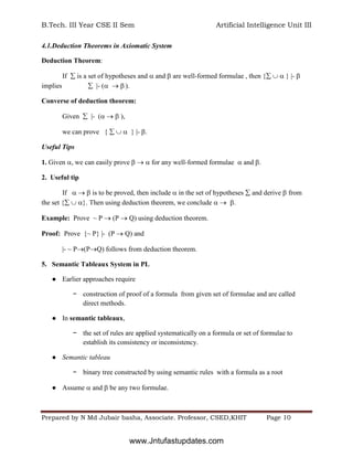 B.Tech. III Year CSE II Sem Artificial Intelligence Unit III
Prepared by N Md Jubair basha, Associate. Professor, CSED,KHIT Page 10
4.1.Deduction Theorems in Axiomatic System
Deduction Theorem:
If  is a set of hypotheses and  and  are well-formed formulae , then {   } |- 
implies  |- (   ).
Converse of deduction theorem:
Given  |- (   ),
we can prove {    } |- .
Useful Tips
1. Given , we can easily prove    for any well-formed formulae  and .
2. Useful tip
If    is to be proved, then include  in the set of hypotheses  and derive  from
the set {  }. Then using deduction theorem, we conclude   .
Example: Prove ~ P  (P  Q) using deduction theorem.
Proof: Prove {~ P} |- (P  Q) and
|- ~ P(PQ) follows from deduction theorem.
5. Semantic Tableaux System in PL
● Earlier approaches require
− construction of proof of a formula from given set of formulae and are called
direct methods.
● In semantic tableaux,
− the set of rules are applied systematically on a formula or set of formulae to
establish its consistency or inconsistency.
● Semantic tableau
− binary tree constructed by using semantic rules with a formula as a root
● Assume  and  be any two formulae.
www.Jntufastupdates.com
 