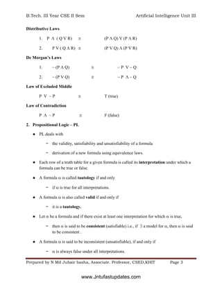 B.Tech. III Year CSE II Sem Artificial Intelligence Unit III
Prepared by N Md Jubair basha, Associate. Professor, CSED,KHIT Page 3
Distributive Laws
1. P  ( Q V R)  (P  Q) V (P  R)
2. P V ( Q  R)  (P V Q)  (P V R)
De Morgan’s Laws
1. ~ (P  Q)  ~ P V ~ Q
2. ~ (P V Q)  ~ P  ~ Q
Law of Excluded Middle
P V ~ P  T (true)
Law of Contradiction
P  ~ P  F (false)
2. Propositional Logic – PL
● PL deals with
− the validity, satisfiability and unsatisfiability of a formula
− derivation of a new formula using equivalence laws.
● Each row of a truth table for a given formula is called its interpretation under which a
formula can be true or false.
● A formula  is called tautology if and only
− if  is true for all interpretations.
● A formula  is also called valid if and only if
− it is a tautology.
● Let  be a formula and if there exist at least one interpretation for which  is true,
− then  is said to be consistent (satisfiable) i.e., if  a model for , then  is said
to be consistent .
● A formula  is said to be inconsistent (unsatisfiable), if and only if
−  is always false under all interpretations.
www.Jntufastupdates.com
 