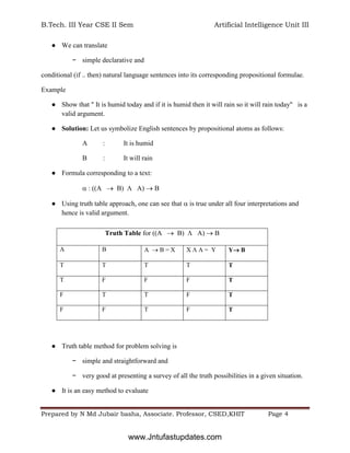 B.Tech. III Year CSE II Sem Artificial Intelligence Unit III
Prepared by N Md Jubair basha, Associate. Professor, CSED,KHIT Page 4
● We can translate
− simple declarative and
conditional (if .. then) natural language sentences into its corresponding propositional formulae.
Example
● Show that " It is humid today and if it is humid then it will rain so it will rain today" is a
valid argument.
● Solution: Let us symbolize English sentences by propositional atoms as follows:
A : It is humid
B : It will rain
● Formula corresponding to a text:
 : ((A  B)  A)  B
● Using truth table approach, one can see that  is true under all four interpretations and
hence is valid argument.
● Truth table method for problem solving is
− simple and straightforward and
− very good at presenting a survey of all the truth possibilities in a given situation.
● It is an easy method to evaluate
Truth Table for ((A  B)  A)  B
A B A  B = X X  A = Y Y B
T T T T T
T F F F T
F T T F T
F F T F T
www.Jntufastupdates.com
 