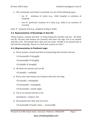 III Year CSE II Sem Artificial Intelligence Unit IV
Prepared by N Md Jubair basha, Associate. Professor, CSED,KHIT Page 2
 The commonly used links in semantic net are of the following types.
− isa  subclass of entity (e.g., child hospital is subclass of
hospital)
− inst  particular instance of a class (e.g., India is an instance of
country)
prop  property link (e.g., property of dog is ‘bark)
4.3. Representation of Knowledge in Sem Net
“Every human, animal and bird is living thing who breathe and eat. All birds
can fly. All man and woman are humans who have two legs. Cat is an animal
and has a fur. All animals have skin and can move. Giraffe is an animal who is
tall and has long legs. Parrot is a bird and is green in color”.
4.3.1Representation in Predicate Logic
● Every human, animal and bird is living thing who breathe and eat.
X [human(X)  living(X)]
X [animal(X)  living(X)]
X [bird(X)  living(X)]
● All birds are animal and can fly.
X [bird(X)  canfly(X)]
● Every man and woman are humans who have two legs.
X [man(X)  haslegs(X)]
X [woman(X)  haslegs(X)]
X [human(X)  has(X, legs)]
● Cat is an animal and has a fur.
animal(cat)  has(cat, fur)
● All animals have skin and can move.
X [animal(X)  has(X, skin)  canmove(X)]
www.Jntufastupdates.com
 