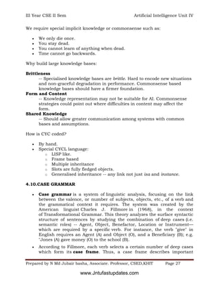 III Year CSE II Sem Artificial Intelligence Unit IV
Prepared by N Md Jubair basha, Associate. Professor, CSED,KHIT Page 27
We require special implicit knowledge or commonsense such as:
 We only die once.
 You stay dead.
 You cannot learn of anything when dead.
 Time cannot go backwards.
Why build large knowledge bases:
Brittleness
-- Specialised knowledge bases are brittle. Hard to encode new situations
and non-graceful degradation in performance. Commonsense based
knowledge bases should have a firmer foundation.
Form and Content
-- Knowledge representation may not be suitable for AI. Commonsense
strategies could point out where difficulties in content may affect the
form.
Shared Knowledge
-- Should allow greater communication among systems with common
bases and assumptions.
How is CYC coded?
 By hand.
 Special CYCL language:
o LISP like.
o Frame based
o Multiple inheritance
o Slots are fully fledged objects.
o Generalised inheritance -- any link not just isa and instance.
4.10.CASE GRAMMAR
 Case grammar is a system of linguistic analysis, focusing on the link
between the valence, or number of subjects, objects, etc., of a verb and
the grammatical context it requires. The system was created by the
American linguist Charles J. Fillmore in (1968), in the context
of Transformational Grammar. This theory analyzes the surface syntactic
structure of sentences by studying the combination of deep cases (i.e.
semantic roles) -- Agent, Object, Benefactor, Location or Instrument—
which are required by a specific verb. For instance, the verb "give" in
English requires an Agent (A) and Object (O), and a Beneficiary (B); e.g.
"Jones (A) gave money (O) to the school (B).
 According to Fillmore, each verb selects a certain number of deep cases
which form its case frame. Thus, a case frame describes important
www.Jntufastupdates.com
 