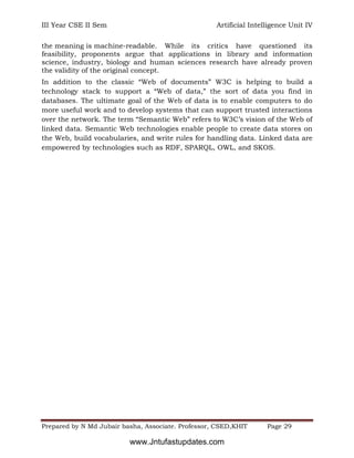 III Year CSE II Sem Artificial Intelligence Unit IV
Prepared by N Md Jubair basha, Associate. Professor, CSED,KHIT Page 29
the meaning is machine-readable. While its critics have questioned its
feasibility, proponents argue that applications in library and information
science, industry, biology and human sciences research have already proven
the validity of the original concept.
In addition to the classic “Web of documents” W3C is helping to build a
technology stack to support a “Web of data,” the sort of data you find in
databases. The ultimate goal of the Web of data is to enable computers to do
more useful work and to develop systems that can support trusted interactions
over the network. The term “Semantic Web” refers to W3C’s vision of the Web of
linked data. Semantic Web technologies enable people to create data stores on
the Web, build vocabularies, and write rules for handling data. Linked data are
empowered by technologies such as RDF, SPARQL, OWL, and SKOS.
www.Jntufastupdates.com
 