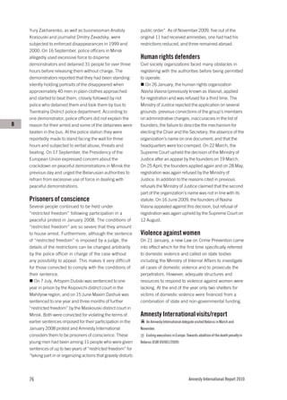 Yury Zakharenko, as well as businessman Anatoly              public order”. As of November 2009, five out of the
    Krasouski and journalist Dmitry Zavadsky, were               original 11 had received amnesties, one had had his
    subjected to enforced disappearances in 1999 and             restrictions reduced, and three remained abroad.
    2000. On 16 September, police officers in Minsk
    allegedly used excessive force to disperse                   Human rights defenders
    demonstrators and detained 31 people for over three          Civil society organizations faced many obstacles in
    hours before releasing them without charge. The              registering with the authorities before being permitted
    demonstrators reported that they had been standing           to operate.
    silently holding portraits of the disappeared when              On 26 January, the human rights organization
    approximately 40 men in plain clothes approached             Nasha Viasna (previously known as Viasna), applied
    and started to beat them, closely followed by riot           for registration and was refused for a third time. The
    police who detained them and took them by bus to             Ministry of Justice rejected the application on several
    Tsentralny District police department. According to          grounds: previous convictions of the group’s members
    one demonstrator, police officers did not explain the        on administrative charges; inaccuracies in the list of
B   reason for their arrest and some of the detainees were       founders; the failure to describe the mechanism for
    beaten in the bus. At the police station they were           electing the Chair and the Secretary; the absence of the
    reportedly made to stand facing the wall for three           organization’s name on one document; and that the
    hours and subjected to verbal abuse, threats and             headquarters were too cramped. On 22 March, the
    beating. On 17 September, the Presidency of the              Supreme Court upheld the decision of the Ministry of
    European Union expressed concern about the                   Justice after an appeal by the founders on 19 March.
    crackdown on peaceful demonstrations in Minsk the            On 25 April, the founders applied again and on 28 May,
    previous day and urged the Belarusian authorities to         registration was again refused by the Ministry of
    refrain from excessive use of force in dealing with          Justice. In addition to the reasons cited in previous
    peaceful demonstrations.                                     refusals the Ministry of Justice claimed that the second
                                                                 part of the organization’s name was not in line with its
    Prisoners of conscience                                      statute. On 16 June 2009, the founders of Nasha
    Several people continued to be held under                    Viasna appealed against this decision, but refusal of
    “restricted freedom” following participation in a            registration was again upheld by the Supreme Court on
    peaceful protest in January 2008. The conditions of          12 August.
    “restricted freedom” are so severe that they amount
    to house arrest. Furthermore, although the sentence          Violence against women
    of “restricted freedom” is imposed by a judge, the           On 21 January, a new Law on Crime Prevention came
    details of the restrictions can be changed arbitrarily       into effect which for the first time specifically referred
    by the police officer in charge of the case without          to domestic violence and called on state bodies
    any possibility to appeal. This makes it very difficult      including the Ministry of Internal Affairs to investigate
    for those convicted to comply with the conditions of         all cases of domestic violence and to prosecute the
    their sentence.                                              perpetrators. However, adequate structures and
       On 7 July, Artsyom Dubski was sentenced to one            resources to respond to violence against women were
    year in prison by the Asipovichi district court in the       lacking. At the end of the year only two shelters for
    Mahilyow region, and on 15 June Maxim Dashuk was             victims of domestic violence were financed from a
    sentenced to one year and three months of further            combination of state and non-governmental funding.
    “restricted freedom” by the Maskouski district court in
    Minsk. Both were convicted for violating the terms of        Amnesty International visits/report
    earlier sentences imposed for their participation in the        An Amnesty International delegate visited Belarus in March and
    January 2008 protest and Amnesty International               November.
    considers them to be prisoners of conscience. These             Ending executions in Europe: Towards abolition of the death penalty in
    young men had been among 11 people who were given            Belarus (EUR 49/001/2009)
    sentences of up to two years of “restricted freedom” for
    “taking part in or organizing actions that gravely disturb




    76                                                                                            Amnesty International Report 2010
 