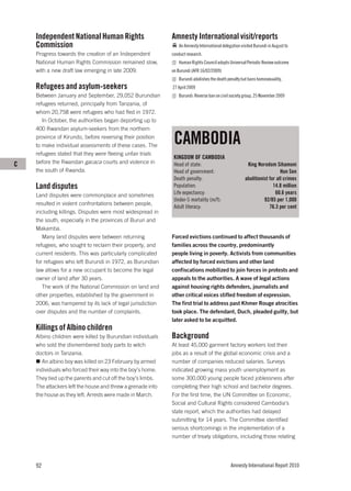 Independent National Human Rights                       Amnesty International visit/reports
    Commission                                                 An Amnesty International delegation visited Burundi in August to
    Progress towards the creation of an Independent         conduct research.
    National Human Rights Commission remained slow,            Human Rights Council adopts Universal Periodic Review outcome
    with a new draft law emerging in late 2009.             on Burundi (AFR 16/02/2009)
                                                               Burundi abolishes the death penalty but bans homosexuality,
    Refugees and asylum-seekers                             27 April 2009
    Between January and September, 29,052 Burundian            Burundi: Reverse ban on civil society group, 25 November 2009
    refugees returned, principally from Tanzania, of
    whom 20,758 were refugees who had fled in 1972.
       In October, the authorities began deporting up to
    400 Rwandan asylum-seekers from the northern
    province of Kirundo, before reversing their position
    to make individual assessments of these cases. The
                                                             CAMBODIA
    refugees stated that they were fleeing unfair trials
                                                             KINGDOM OF CAMBODIA
C   before the Rwandan gacaca courts and violence in         Head of state:                           King Norodom Sihamoni
    the south of Rwanda.                                     Head of government:                                        Hun Sen
                                                             Death penalty:                          abolitionist for all crimes
    Land disputes                                            Population:                                            14.8 million
    Land disputes were commonplace and sometimes             Life expectancy:                                        60.6 years
                                                             Under-5 mortality (m/f):                          92/85 per 1,000
    resulted in violent confrontations between people,
                                                             Adult literacy:                                      76.3 per cent
    including killings. Disputes were most widespread in
    the south, especially in the provinces of Bururi and
    Makamba.
       Many land disputes were between returning            Forced evictions continued to affect thousands of
    refugees, who sought to reclaim their property, and     families across the country, predominantly
    current residents. This was particularly complicated    people living in poverty. Activists from communities
    for refugees who left Burundi in 1972, as Burundian     affected by forced evictions and other land
    law allows for a new occupant to become the legal       confiscations mobilized to join forces in protests and
    owner of land after 30 years.                           appeals to the authorities. A wave of legal actions
       The work of the National Commission on land and      against housing rights defenders, journalists and
    other properties, established by the government in      other critical voices stifled freedom of expression.
    2006, was hampered by its lack of legal jurisdiction    The first trial to address past Khmer Rouge atrocities
    over disputes and the number of complaints.             took place. The defendant, Duch, pleaded guilty, but
                                                            later asked to be acquitted.
    Killings of Albino children
    Albino children were killed by Burundian individuals    Background
    who sold the dismembered body parts to witch            At least 45,000 garment factory workers lost their
    doctors in Tanzania.                                    jobs as a result of the global economic crisis and a
       An albino boy was killed on 23 February by armed     number of companies reduced salaries. Surveys
    individuals who forced their way into the boy’s home.   indicated growing mass youth unemployment as
    They tied up the parents and cut off the boy’s limbs.   some 300,000 young people faced joblessness after
    The attackers left the house and threw a grenade into   completing their high school and bachelor degrees.
    the house as they left. Arrests were made in March.     For the first time, the UN Committee on Economic,
                                                            Social and Cultural Rights considered Cambodia’s
                                                            state report, which the authorities had delayed
                                                            submitting for 14 years. The Committee identified
                                                            serious shortcomings in the implementation of a
                                                            number of treaty obligations, including those relating




    92                                                                                       Amnesty International Report 2010
 