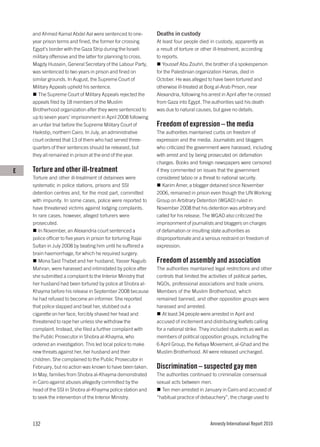 and Ahmed Kamal Abdel Aal were sentenced to one-             Deaths in custody
    year prison terms and fined, the former for crossing         At least four people died in custody, apparently as
    Egypt’s border with the Gaza Strip during the Israeli        a result of torture or other ill-treatment, according
    military offensive and the latter for planning to cross.     to reports.
    Magdy Hussein, General Secretary of the Labour Party,           Youssef Abu Zouhri, the brother of a spokesperson
    was sentenced to two years in prison and fined on            for the Palestinian organization Hamas, died in
    similar grounds. In August, the Supreme Court of             October. He was alleged to have been tortured and
    Military Appeals upheld his sentence.                        otherwise ill-treated at Borg al-Arab Prison, near
      The Supreme Court of Military Appeals rejected the         Alexandria, following his arrest in April after he crossed
    appeals filed by 18 members of the Muslim                    from Gaza into Egypt. The authorities said his death
    Brotherhood organization after they were sentenced to        was due to natural causes, but gave no details.
    up to seven years’ imprisonment in April 2008 following
    an unfair trial before the Supreme Military Court of         Freedom of expression – the media
    Haikstip, northern Cairo. In July, an administrative         The authorities maintained curbs on freedom of
    court ordered that 13 of them who had served three-          expression and the media. Journalists and bloggers
    quarters of their sentences should be released, but          who criticized the government were harassed, including
    they all remained in prison at the end of the year.          with arrest and by being prosecuted on defamation
                                                                 charges. Books and foreign newspapers were censored
E   Torture and other ill-treatment                              if they commented on issues that the government
    Torture and other ill-treatment of detainees were            considered taboo or a threat to national security.
    systematic in police stations, prisons and SSI                   Karim Amer, a blogger detained since November
    detention centres and, for the most part, committed          2006, remained in prison even though the UN Working
    with impunity. In some cases, police were reported to        Group on Arbitrary Detention (WGAD) ruled in
    have threatened victims against lodging complaints.          November 2008 that his detention was arbitrary and
    In rare cases, however, alleged torturers were               called for his release. The WGAD also criticized the
    prosecuted.                                                  imprisonment of journalists and bloggers on charges
       In November, an Alexandria court sentenced a              of defamation or insulting state authorities as
    police officer to five years in prison for torturing Rajai   disproportionate and a serious restraint on freedom of
    Sultan in July 2008 by beating him until he suffered a       expression.
    brain haemorrhage, for which he required surgery.
       Mona Said Thabet and her husband, Yasser Naguib           Freedom of assembly and association
    Mahran, were harassed and intimidated by police after        The authorities maintained legal restrictions and other
    she submitted a complaint to the Interior Ministry that      controls that limited the activities of political parties,
    her husband had been tortured by police at Shobra al-        NGOs, professional associations and trade unions.
    Khayma before his release in September 2008 because          Members of the Muslim Brotherhood, which
    he had refused to become an informer. She reported           remained banned, and other opposition groups were
    that police slapped and beat her, stubbed out a              harassed and arrested.
    cigarette on her face, forcibly shaved her head and             At least 34 people were arrested in April and
    threatened to rape her unless she withdraw the               accused of incitement and distributing leaflets calling
    complaint. Instead, she filed a further complaint with       for a national strike. They included students as well as
    the Public Prosecutor in Shobra al-Khayma, who               members of political opposition groups, including the
    ordered an investigation. This led local police to make      6 April Group, the Kefaya Movement, al-Ghad and the
    new threats against her, her husband and their               Muslim Brotherhood. All were released uncharged.
    children. She complained to the Public Prosecutor in
    February, but no action was known to have been taken.        Discrimination – suspected gay men
    In May, families from Shobra al-Khayma demonstrated          The authorities continued to criminalize consensual
    in Cairo against abuses allegedly committed by the           sexual acts between men.
    head of the SSI in Shobra al-Khayma police station and         Ten men arrested in January in Cairo and accused of
    to seek the intervention of the Interior Ministry.           “habitual practice of debauchery”, the charge used to




    132                                                                                     Amnesty International Report 2010
 