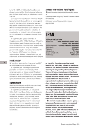 humanity in 1999. In October, Martenus Bere was             Amnesty International visits/reports
    allowed to return to West Timor (Indonesia) before his          Amnesty International delegates visited Indonesia in April, June and
    case had been prosecuted by an independent court in         July.
    a fair trial.                                                   Indonesia: Jailed for waving a flag – Prisoners of conscience in Maluku
       Over 300 individuals who were indicted by the UN         (ASA 21/008/2009)
    Special Panels for Serious Crimes for crimes against            Unfinished business: Police accountability in Indonesia
    humanity and other crimes remained at large and             (ASA 21/013/2009)
    were outside the territorial jurisdiction of Timor-Leste.
    Most of them were believed to live in Indonesia. The
    government refused to facilitate the extradition of
    those indicted on the basis that it did not recognize
    the UN mandate to try Indonesian citizens in Timor-
    Leste.
                                                                 IRAN
       In September, the Special Committee on
                                                                 ISLAMIC REPUBLIC OF IRAN
    Disappearances 1997-1998 of the House of People’s            Head of state:        Leader of the Islamic Republic of Iran:
    Representatives urged the government to create an                                          Ayatollah Sayed ‘Ali Khamenei
    ad hoc human rights court to try those responsible for       Head of government: President: Dr Mahmoud Ahmadinejad
    enforced disappearances. They also urged the                 Death penalty:                                   retentionist
    government to ratify the International Convention for        Population:                                      74.2 million
                                                                 Life expectancy:                                  71.2 years
    the Protection of All Persons from Enforced
                                                                 Under-5 mortality (m/f):                     33/35 per 1,000
    Disappearance. However, the government had not               Adult literacy:                                82.3 per cent
    acted on the recommendations by the end of the year.

    Death penalty
I   No executions were reported. However, at least 117          An intensified clampdown on political protest
    people remained under sentence of death.                    preceded and, particularly, followed the presidential
       In September, the Aceh Regional Parliament               election in June, whose outcome was widely disputed,
    passed the local Islamic Criminal Code, which               deepening the long-standing patterns of repression.
    contains provisions for stoning to death for adultery       The security forces, notably the paramilitary Basij,
    and caning with up to 100 lashes for homosexuality.         used excessive force against demonstrators; dozens
    Although the Aceh governor refused to sign the new          of people were killed or fatally injured. The authorities
    by-law, it came into force automatically in October.        suppressed freedom of expression to an
                                                                unprecedented level, blocking mobile and terrestrial
    Right to health                                             phone networks and internet communications. Well
    Maternal mortality rates remained high, particularly        over 5,000 people had been detained by the end of
    in poor and marginalized communities.                       the year. Many were tortured, including some who
       In September, a new Health Law was passed.               were alleged to have been raped in detention, or
    Unlike the Criminal Code, the law permitted abortion        otherwise ill-treated. Some died from their injuries.
    in certain circumstances. Abortions were permitted          Dozens were then prosecuted in grossly unfair mass
    provided the pregnancy could harm the mother                “show trials”. Most were sentenced to prison terms
    and/or infant or, if it resulted from a rape which          but at least six were sentenced to death.
    caused psychological trauma to the victim. Local               The election-related violations occurred against a
    NGOs criticized the new law as it discriminated             background of severe repression, which persisted
    against those who were unmarried, particularly              throughout 2009 and whose victims included
    regarding access to information on sexuality and            members of ethnic and religious minorities,
    reproduction.                                               students, human rights defenders and advocates of
                                                                political reform. Women continued to face severe
                                                                discrimination under the law and in practice, and
                                                                women’s rights campaigners were harassed, arrested




    172                                                                                           Amnesty International Report 2010
 