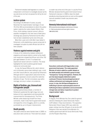 Parliament debated draft legislation to create an      on death row at the end of the year. In July the Prime
independent commission to investigate abuses by the       Minister declared that the government would honour
security forces but had not passed the bill by the end    Parliament’s decision in 2008 to retain the death
of the year.                                              penalty by resuming executions as soon as the appeal
                                                          avenues available to death row prisoners were
Justice system                                            exhausted.
According to the Minister of Justice, by early
November the implementation had begun of over             Amnesty International visit/report
70 of the 200 recommendations to reform the justice          Amnesty International delegates visited Jamaica in February.
system made by the Justice System Reform Task                Public security reforms and human rights in Jamaica
Force. A bill creating a special coroner’s office to      (AMR 38/001/2009)
expedite investigations into new cases of fatal police
shootings was passed by Parliament but the office
had not been established by the end of the year.
   More than a year and a half after it was tabled in
Parliament, a bill establishing a special prosecutor to
investigate corruption by state officials had still not
                                                           JAPAN
been adopted.
                                                           JAPAN
                                                           Head of government:      Hatoyama Yukio (replaced Aso Taro
Violence against women and girls                                                                        in September)
A study on the relationship between adolescent             Death penalty:                                  retentionist
pregnancy and sexual violence carried out by health        Population:                                    127.2 million
care researchers showed that 49 per cent of the 750        Life expectancy:                                 82.7 years
                                                           Under 5-mortality (m/f):                      5/4 per 1,000
girls aged between 15 and 17 surveyed had
experienced sexual coercion or violence. The study
highlighted the need to address gender-based                                                                                      J
violence at community level.                              Executions continued until August when a new
   In July, the Sexual Offences Act, which reforms        government took power. The newly appointed
and incorporates various laws relating to rape, incest    Minister of Justice called for a public debate on
and other sexual offences, was passed by Parliament.      the death penalty and instituted a group to study
Although women’s organizations welcomed the Act,          “transparency” during interrogations. However, the
they also expressed concerns about the restrictive        pre-trial daiyo kangoku (detention) system
definition of rape. The Act criminalizes rape within      continued. Prisoners faced prolonged periods of
marriage, but only in certain circumstances.              solitary confinement and inadequate medical
                                                          access. In July, the UN Special Rapporteur on
Rights of lesbian, gay, bisexual and                      trafficking in persons expressed great concern at
transgender people                                        trafficking for labour exploitation and recommended
During a parliamentary debate, a member of                stronger laws and labour inspections to protect
Parliament questioned the right of gay men and            migrant workers’ rights.
lesbians to form organizations and demanded life
imprisonment for homosexual acts. The Prime               Background
Minister, while distancing himself from these             In August, Prime Minister Aso Taro called for general
comments, made it clear that his government would         elections following the Liberal Democratic Party’s
not repeal the crime of buggery, which is currently       (LDP) defeat in Tokyo local elections. The opposition
punishable by up to 10 years’ imprisonment.               Democratic Party of Japan (DPJ) was voted into
                                                          power, ending more than 50 years of rule by the LDP.
Death penalty                                             Hatoyama Yukio was elected Prime Minister of a
Two death sentences were handed down in 2009; no          coalition government with the Social Democratic Party
executions were carried out. There were four people       and the People’s New Party.




Amnesty International Report 2010                                                                                           189
 