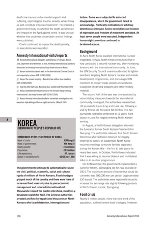 death row causes undue mental anguish and                                    torture. Some were subjected to enforced
    suffering, psychological trauma, anxiety, while it may                       disappearance, which the government failed to
    as well constitute inhuman treatment”. He ordered a                          acknowledge. Politically motivated and arbitrary
    government study on whether the death penalty had                            detentions continued. Severe restrictions on freedom
    any impact on the fight against crime. It was unclear                        of expression and freedom of movement persisted. At
    whether this study was undertaken and no findings                            least seven people were executed. Independent
    were published.                                                              human rights monitors continued to
      Courts continued to impose the death penalty;                              be denied access.
    no executions were reported.
                                                                                 Background
    Amnesty International visits/reports                                         In April, North Korea expelled international nuclear
        Amnesty International delegates visited Kenya in February, March,        inspectors. In May, North Korea announced that it
    June, September and November. In June, Amnesty International’s Secretary     had conducted a second nuclear test, after increasing
    General led an Amnesty International high-level mission to Kenya.            tensions with the international community. In June,
        Kenyan authorities cannot wait for the International Criminal Court to   the UN Security Council unanimously voted to tighten
    end impunity for crimes (AFR 32/001/2009)                                    sanctions targeting North Korea’s nuclear and missile
        Kenya: The unseen majority – Nairobi’s two million slum-dwellers         development programmes, and encouraged UN
    (AFR 32/005/2009)                                                            members to inspect cargo vessels and airplanes
        How the other half lives: Nairobi’s slum-dwellers (AFR 32/006/2009)      suspected of carrying weapons and other military
        Kenya: Statement on the conclusion of the mission led by Amnesty         material.
    International’s Secretary General (AFR 32/007/2009)                             The second half of the year was characterized by
        Kenya: Amnesty International calls for immediate investigation into      reconciliatory measures towards the international
    execution-style killings of human rights activists, 6 March 2009             community. In August, the authorities released two
                                                                                 US journalists, Laura Ling and Euna Lee, following a
                                                                                 visit by former US President Bill Clinton. The two
                                                                                 journalists had been sentenced to 12 years’ hard
                                                                                 labour in June for illegally entering North Korean
K
     KOREA
     (DEMOCRATIC PEOPLE’S REPUBLIC OF)
                                                                                 territory.
                                                                                    In August, a North Korean delegation attended
                                                                                 the funeral of former South Korean President Kim
                                                                                 Dae-jung. The authorities released four South Korean
     DEMOCRATIC PEOPLE’S REPUBLIC OF KOREA                                       fishermen who had been detained for illegally
     Head of state:                                             KIM Jong-il      entering its waters. In September, North Korea
     Head of government:                                       KIM Yong-il       resumed meetings to reunite families separated
     Death penalty:                                            retentionist
                                                                                 during the Korean War – the first to take place for
     Population:                                               23.9 million
     Life expectancy:                                           67.1 years       nearly two years. In October, North Korea indicated
     Under 5-mortality (m/f):                              63/63 per 1,000       that it was willing to resume bilateral and multilateral
                                                                                 talks on its nuclear programmes.
                                                                                    On 30 November, the government implemented a
    The government continued to systematically violate                           currency reform, exchanging old for new at a rate of
    the civil, political, economic, social and cultural                          100:1.The maximum amount of money that could be
    rights of millions of North Koreans. Food shortages                          converted was 300,000 won per person (approximately
    gripped much of the country and there were fears of                          150 euros). The authorities were reportedly forced to
    increased food insecurity due to poor economic                               increase the exchange rate slightly following protests
    management and reduced international aid.                                    in North Korea’s capital, Pyongyang.
    Thousands crossed the border into China, mostly in a
    desperate search for food. The Chinese authorities                           Food crisis
    arrested and forcibly repatriated thousands of North                         Nearly 9 million people, more than one third of the
    Koreans who faced detention, interrogation and                               population, suffered severe food shortages. However,




    198                                                                                                    Amnesty International Report 2010
 
