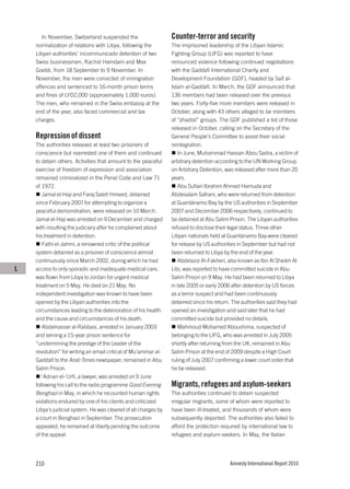 In November, Switzerland suspended the                   Counter-terror and security
    normalization of relations with Libya, following the        The imprisoned leadership of the Libyan Islamic
    Libyan authorities’ incommunicado detention of two          Fighting Group (LIFG) was reported to have
    Swiss businessmen, Rachid Hamdani and Max                   renounced violence following continued negotiations
    Goeldi, from 18 September to 9 November. In                 with the Gaddafi International Charity and
    November, the men were convicted of immigration             Development Foundation (GDF), headed by Saif al-
    offences and sentenced to 16-month prison terms             Islam al-Gaddafi. In March, the GDF announced that
    and fines of LYD2,000 (approximately 1,000 euros).          136 members had been released over the previous
    The men, who remained in the Swiss embassy at the           two years. Forty-five more members were released in
    end of the year, also faced commercial and tax              October, along with 43 others alleged to be members
    charges.                                                    of “jihadist” groups. The GDF published a list of those
                                                                released in October, calling on the Secretary of the
    Repression of dissent                                       General People’s Committee to assist their social
    The authorities released at least two prisoners of          reintegration.
    conscience but rearrested one of them and continued            In June, Muhammad Hassan Abou Sadra, a victim of
    to detain others. Activities that amount to the peaceful    arbitrary detention according to the UN Working Group
    exercise of freedom of expression and association           on Arbitrary Detention, was released after more than 20
    remained criminalized in the Penal Code and Law 71          years.
    of 1972.                                                       Abu Sufian Ibrahim Ahmed Hamuda and
       Jamal el-Haji and Faraj Saleh Hmeed, detained            Abdesalam Safrani, who were returned from detention
    since February 2007 for attempting to organize a            at Guantánamo Bay by the US authorities in September
    peaceful demonstration, were released on 10 March.          2007 and December 2006 respectively, continued to
    Jamal el-Haji was arrested on 9 December and charged        be detained at Abu Salim Prison. The Libyan authorities
    with insulting the judiciary after he complained about      refused to disclose their legal status. Three other
    his treatment in detention.                                 Libyan nationals held at Guantánamo Bay were cleared
       Fathi el-Jahmi, a renowned critic of the political       for release by US authorities in September but had not
    system detained as a prisoner of conscience almost          been returned to Libya by the end of the year.
    continuously since March 2002, during which he had             Abdelaziz Al-Fakheri, also known as Ibn Al Sheikh Al
L   access to only sporadic and inadequate medical care,        Libi, was reported to have committed suicide in Abu
    was flown from Libya to Jordan for urgent medical           Salim Prison on 9 May. He had been returned to Libya
    treatment on 5 May. He died on 21 May. No                   in late 2005 or early 2006 after detention by US forces
    independent investigation was known to have been            as a terror suspect and had been continuously
    opened by the Libyan authorities into the                   detained since his return. The authorities said they had
    circumstances leading to the deterioration of his health    opened an investigation and said later that he had
    and the cause and circumstances of his death.               committed suicide but provided no details.
       Abdelnasser al-Rabbasi, arrested in January 2003            Mahmoud Mohamed Aboushima, suspected of
    and serving a 15-year prison sentence for                   belonging to the LIFG, who was arrested in July 2005
    “undermining the prestige of the Leader of the              shortly after returning from the UK, remained in Abu
    revolution” for writing an email critical of Mu’ammar al-   Salim Prison at the end of 2009 despite a High Court
    Gaddafi to the Arab Times newspaper, remained in Abu        ruling of July 2007 confirming a lower court order that
    Salim Prison.                                               he be released.
       ‘Adnan el-‘Urfi, a lawyer, was arrested on 9 June
    following his call to the radio programme Good Evening      Migrants, refugees and asylum-seekers
    Benghazi in May, in which he recounted human rights         The authorities continued to detain suspected
    violations endured by one of his clients and criticized     irregular migrants, some of whom were reported to
    Libya’s judicial system. He was cleared of all charges by   have been ill-treated, and thousands of whom were
    a court in Benghazi in September. The prosecution           subsequently deported. The authorities also failed to
    appealed; he remained at liberty pending the outcome        afford the protection required by international law to
    of the appeal.                                              refugees and asylum-seekers. In May, the Italian




    210                                                                                  Amnesty International Report 2010
 