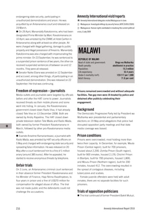 endangering state security, participating in               Amnesty International visit/reports
    unauthorized demonstrations and arson. He was                  Amnesty International delegates visited Madagascar in June.
    acquitted by an Antananarivo court and released on             Madagascar: Investigate killings by security forces (AFR 35/001/2009)
    19 March.                                                      Madagascar: Human rights overlooked in resolving the current political
       On 29 April, Manandafy Rakotonirina, who had been       crisis, 6 July 2009
    designated Prime Minister by Marc Ravalomanana on
    10 April, was arrested by the CNME at Hotel Carlton in
    Antananarivo along with at least six other people. All
    were charged with illegal gathering, damage to public
    property and illegal possession of firearms. Manandafy
    Rakotonirina was also charged with impersonating the
                                                                MALAWI
    prime minister. On 23 September, he was sentenced to
                                                                REPUBLIC OF MALAWI
    a suspended prison sentence of two years; the other six     Head of state and government:                 Bingu wa Mutharika
    received suspended sentences of between six and 12          Death penalty:                              abolitionist in practice
    months. They were all released.                             Population:                                             15.3 million
       Senator Naike Eliane was arrested on 12 September        Life expectancy:                                          52.4 years
    and accused, among other things, of participating in an     Under-5 mortality (m/f):                        125/117 per 1,000
                                                                Adult literacy:                                       71.8 per cent
    unauthorized demonstration. She was released on 22
    September. Her trial was continuing.

    Freedom of expression – journalists                        Prisons remained overcrowded and without adequate
    Media outlets and journalists were targeted by officials   facilities. Two gay men were ill-treated by police and
    before and after the HAT come to power. Journalists        detained after publicly celebrating their
    received threats via their mobile phones and some          engagement.
    went into hiding. In January, the Ravalomanana
    government closed down Radio Viva; it had already          Background
    closed Tele Viva on 13 December 2008. Both are             The Democratic Progressive Party led by President wa
    owned by Andry Rajoelina. The HAT closed down              Mutharika won presidential and parliamentary
    private television station Tele Mada and Radio Mada,       elections on 19 May amid allegations that police had
    both owned by former President Ravalomanana in             disrupted opposition party meetings and that state
M
    March, followed by other pro-Ravalomanana media            media coverage was biased.
    outlets.
       Evariste Anselme Ramanantsoavi, a journalist with       Prison conditions
    Radio Mada, was arrested by HAT security officers on       Prisons were overcrowded, most holding more than
    5 May and charged with endangering state security and      twice their capacity. In December, for example, Maula
    spreading false information. He was released on 20         Prison (Central region), built for 700 prisoners,
    May after a court sentenced him to a fine of 1 million     housed about 2,200; Zomba Prison (South region),
    ariary (around 385 euros). After he appealed, he           built for 900 inmates, housed 2,176; Chichiri Prison
    started to receive anonymous threats by telephone.         in Blantyre, built for 700 prisoners, housed 1,800;
                                                               and Mzuzu Prison (Northern region), built for 200
    Unfair trials                                              inmates, housed 412. The overcrowding resulted in
    On 3 June, an Antananarivo criminal court sentenced        the spread of contagious diseases, including
    in their absence former President Ravalomanana and         tuberculosis and scabies.
    his Minister of Finance, Haja Nirina Razafinjatovo, to        Female juvenile offenders were held with adult
    four years in prison and a fine of US$70 million for       inmates; there are no separate facilities for such
    compensation for alleged abuse of office. The trial        prisoners.
    was not made public and the defendants could not
    challenge the accusations.                                 Trials of opposition politicians
                                                                  The trial continued of former President Bakili Muluzi,




    216                                                                                          Amnesty International Report 2010
 