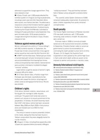 witnesses to support the charges against them. They        “visibly traumatized”. They said that they had been
were released on bail.                                     held in Taleban camps along with hundreds of other
   In Gojra, Punjab, over 1,000 people attacked the        boys.
Christian quarter on 1 August, burning six people alive,       The Juvenile Justice System Ordinance of 2000
including a seven-year-old child. Seventeen others         remained inadequately implemented. Its provision to
were injured, one of whom died later. The attack was a     detain children separately from adults remained
response to rumours that Christians had torn pages of      unimplemented.
the Qur’an in neighbouring Korian. A judicial inquiry,
ordered by the Punjab Chief Minister, submitted its        Death penalty
findings to Punjab authorities in early September; they    The Human Rights Commission of Pakistan recorded
were not made public. Of 42 people arrested on             276 new death sentences, with 7,700 people
charges stemming from the attack in Gojra, 35 were         remaining under sentence of death. No executions
released on bail.                                          were carried out.
                                                              Promises made in 2008 to commute all death
Violence against women and girls                           sentences to life imprisonment remained unfulfilled.
Women continued to be victims of “honour killings”,        In September, President Zardari called on provincial
with 960 incidents reported. In September, the             governments to submit recommendations on
Punjab law minister announced that crimes against          commuting the death penalty to prison terms of 24 to
women would be tried under the Anti-Terrorism Act.         30 years. On 31 August, the Supreme Court
   In NWFP and the tribal areas, Taleban groups closed     suspended an order passed by the Lahore High Court
or burned down girls’ schools, forced women to wear a      in April under which death sentences would not be
veil and prohibited them from leaving their homes          imposed on women and juveniles in narcotics cases.
unless accompanied by male relatives. Several women
were punished, shot dead or mutilated for alleged          Amnesty International visit/reports
“immoral” activities.                                          An Amnesty International delegate visited Pakistan in May.
   Legal redress sought for abuses of women’s rights           Pakistan: Resolve hundreds of Baluch “disappearances”
remained difficult to obtain.                              (ASA 33/001/2009)
   On 27 April, Ayman Udas, a Pashtun singer from              Pakistan: Lahore attack shows government must do more to protect
Peshawar, was shot dead, reportedly by her two             civilians (ASA 33/002/2009)
brothers who viewed her divorce, remarriage and                Pakistan: Government should take concrete action to amend or abolish
artistic career as damaging to family honour. No one       the blasphemy laws within a year (ASA 33/008/2009)
was arrested.                                                  Pakistan: Amnesty International welcomes Supreme Court move to hear
                                                           disappearances cases (ASA 33/011/2009)
Children’s rights                                              Pakistan: Government must prepare for South Waziristan displacement
Child labour, domestic violence, sexual abuse, and         crisis, 16 October 2009
                                                                                                                                      P
forcing girls into marriage to settle disputes
continued. The government rarely took action to
prevent such abuses or to ensure punishment of the
perpetrators. In October, the Sindh Assembly heard
that 4,367 child labour victims had been recovered
between May 2008 and April 2009 in that province
alone and handed over to an NGO for their
rehabilitation.
   The army on several occasions presented children
to the media, stating that they had been found in
Taleban camps where they were allegedly trained for
suicide missions.
   In August, 11 boys, including three apparently under
10 years old, appeared before journalists in Mingora




Amnesty International Report 2010                                                                                              253
 