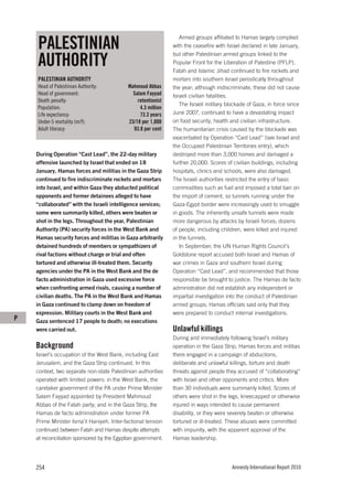 PALESTINIAN
                                                                 Armed groups affiliated to Hamas largely complied
                                                              with the ceasefire with Israel declared in late January,


    AUTHORITY
                                                              but other Palestinian armed groups linked to the
                                                              Popular Front for the Liberation of Palestine (PFLP),
                                                              Fatah and Islamic Jihad continued to fire rockets and
    PALESTINIAN AUTHORITY                                     mortars into southern Israel periodically throughout
    Head of Palestinian Authority:         Mahmoud Abbas      the year; although indiscriminate, these did not cause
    Head of government:                      Salam Fayyad     Israeli civilian fatalities.
    Death penalty:                             retentionist
                                                                 The Israeli military blockade of Gaza, in force since
    Population:                                 4.3 million
    Life expectancy:                            73.3 years    June 2007, continued to have a devastating impact
    Under-5 mortality (m/f):               23/18 per 1,000    on food security, health and civilian infrastructure.
    Adult literacy:                          93.8 per cent    The humanitarian crisis caused by the blockade was
                                                              exacerbated by Operation “Cast Lead” (see Israel and
                                                              the Occupied Palestinian Territories entry), which
    During Operation “Cast Lead”, the 22-day military         destroyed more than 3,000 homes and damaged a
    offensive launched by Israel that ended on 18             further 20,000. Scores of civilian buildings, including
    January, Hamas forces and militias in the Gaza Strip      hospitals, clinics and schools, were also damaged.
    continued to fire indiscriminate rockets and mortars      The Israeli authorities restricted the entry of basic
    into Israel, and within Gaza they abducted political      commodities such as fuel and imposed a total ban on
    opponents and former detainees alleged to have            the import of cement, so tunnels running under the
    “collaborated” with the Israeli intelligence services;    Gaza-Egypt border were increasingly used to smuggle
    some were summarily killed, others were beaten or         in goods. The inherently unsafe tunnels were made
    shot in the legs. Throughout the year, Palestinian        more dangerous by attacks by Israeli forces; dozens
    Authority (PA) security forces in the West Bank and       of people, including children, were killed and injured
    Hamas security forces and militias in Gaza arbitrarily    in the tunnels.
    detained hundreds of members or sympathizers of              In September, the UN Human Rights Council’s
    rival factions without charge or trial and often          Goldstone report accused both Israel and Hamas of
    tortured and otherwise ill-treated them. Security         war crimes in Gaza and southern Israel during
    agencies under the PA in the West Bank and the de         Operation “Cast Lead”, and recommended that those
    facto administration in Gaza used excessive force         responsible be brought to justice. The Hamas de facto
    when confronting armed rivals, causing a number of        administration did not establish any independent or
    civilian deaths. The PA in the West Bank and Hamas        impartial investigation into the conduct of Palestinian
    in Gaza continued to clamp down on freedom of             armed groups; Hamas officials said only that they
    expression. Military courts in the West Bank and          were prepared to conduct internal investigations.
P   Gaza sentenced 17 people to death; no executions
    were carried out.                                         Unlawful killings
                                                              During and immediately following Israel’s military
    Background                                                operation in the Gaza Strip, Hamas forces and militias
    Israel’s occupation of the West Bank, including East      there engaged in a campaign of abductions,
    Jerusalem, and the Gaza Strip continued. In this          deliberate and unlawful killings, torture and death
    context, two separate non-state Palestinian authorities   threats against people they accused of “collaborating”
    operated with limited powers: in the West Bank, the       with Israel and other opponents and critics. More
    caretaker government of the PA under Prime Minister       than 30 individuals were summarily killed. Scores of
    Salam Fayyad appointed by President Mahmoud               others were shot in the legs, kneecapped or otherwise
    Abbas of the Fatah party; and in the Gaza Strip, the      injured in ways intended to cause permanent
    Hamas de facto administration under former PA             disability, or they were severely beaten or otherwise
    Prime Minister Isma’il Haniyeh. Inter-factional tension   tortured or ill-treated. These abuses were committed
    continued between Fatah and Hamas despite attempts        with impunity, with the apparent approval of the
    at reconciliation sponsored by the Egyptian government.   Hamas leadership.




    254                                                                                Amnesty International Report 2010
 