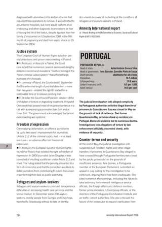diagnosed with ulcerative colitis and an abscess that         documents as a way of protesting at the conditions of
    required three operations to remove. Z was admitted to        refugees and asylum-seekers in Poland.
    a number of hospitals, but none would perform a full
    endoscopy and other diagnostic examinations for fear          Amnesty International report
    of risking the life of the foetus, despite appeals from her      Poland: Briefing to the UN Committee on Economic, Social and Cultural
    family. Z miscarried on 5 September 2004 in the fifth         Rights (EUR 37/002/2009)
    month of pregnancy and died from septic shock on 29
    September 2004.

    Justice system
    The European Court of Human Rights ruled on pre-
    trial detentions and prison overcrowding in Poland.
                                                                   PORTUGAL
       In February, in Kauczor v Poland, the Court
                                                                   PORTUGUESE REPUBLIC
    concluded that numerous cases of excessively lengthy           Head of state:                 Aníbal António Cavaco Silva
    detention on remand revealed a “malfunctioning of the          Head of government: José Sócrates Carvalho Pinto de Sousa
    Polish criminal justice system” that affected large            Death penalty:                   abolitionist for all crimes
    numbers of individuals.                                        Population:                                     10.7 million
       In Jamrozy v Poland, the Court ruled in September           Life expectancy:                                 78.6 years
                                                                   Under-5 mortality (m/f):                      6/5 per 1,000
    that the extensive length of pre-trial detention – more
                                                                   Adult literacy:                               94.9 per cent
    than two years – violated the right to trial within a
    reasonable time or to release pending trial.
       In October the Court found Poland in violation of the
    prohibition of torture or degrading treatment. Krzysztof      The judicial investigation into alleged complicity
    Orchowski had passed most of his prison sentence in a         by Portuguese authorities with the illegal transfer of
    cell with a personal space smaller than 3m² and at            prisoners to Guantánamo Bay was closed in May on
    times 2m². The government acknowledged that prison            the grounds of lack of evidence. Two former
    overcrowding was systemic.                                    Guantánamo Bay detainees took up residency in
                                                                  Portugal. Domestic violence led to numerous deaths.
    Freedom of expression                                         Investigations into allegations of torture by law
    Criminalizing defamation, an offence punishable               enforcement officials proceeded slowly, with
    by up to two years’ imprisonment for journalists              evidence of impunity.
    (Article 212 of the criminal code), had – in at least
    one case – an adverse effect on freedom of                    Counter-terror and security
    expression.                                                   At the end of May the judicial investigation into
P      In February the European Court of Human Rights             suspected CIA rendition flights and other illegal
    found that Poland had violated the right to freedom of        transfers of prisoners to Guantánamo Bay alleged to
    expression. In 2000 journalist Jacek Długołęcki was           have crossed through Portuguese territory was closed
    convicted of insulting a politician under Article 212 and     by the public prosecutor on the grounds of
    fined. The ruling stated that the penalty amounted to a       insufficient evidence. Ana Gomes, a Portuguese
    form of censorship and that the conviction was likely to      member of the European Parliament, submitted an
    deter journalists from contributing to public discussion      appeal in July calling for the investigation to be
    or performing their task as public watchdog.                  continued, arguing that it had been inadequate. She
                                                                  cited numerous shortcomings, including the failure to
    Refugees and asylum-seekers                                   take testimony from relevant intelligence service
    Refugees and asylum-seekers continued to experience           officials, the foreign affairs and defence ministers,
    difficulties in accessing health care services and the        former prime ministers, US embassy officials, or the
    labour market. In December some 200 asylum-                   directors of the Portuguese Civil Aviation Institute and
    seekers, mostly people from Georgia and Chechnya,             air traffic control authorities. She also criticized the
    travelled to Strasbourg without tickets or identity           failure of the prosecutor to request clarification from




    264                                                                                            Amnesty International Report 2010
 
