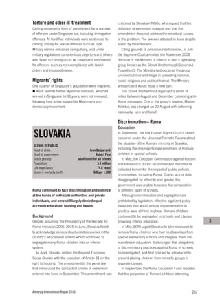Torture and other ill-treatment                                   criticized by Slovakian NGOs, who argued that the
Caning remained a form of punishment for a number                 definition of extremism is vague and that the
of offences under Singapore law, including immigration            amendment does not address the structural causes
offences. At least five individuals were sentenced to             of the problem. The law was adopted in June despite
caning, mostly for sexual offences such as rape.                  a veto by the President.
Military service remained compulsory, and under                      Citing grounds of procedural deficiencies, in July
military regulations conscientious objectors and others           the Supreme Court annulled the November 2008
who failed to comply could be caned and imprisoned                decision of the Ministry of Interior to ban a right-wing
for offences such as non-compliance with lawful                   group known as the Slovak Brotherhood (Slovenská
orders and insubordination.                                       Pospolitosť). The Ministry had declared the group
                                                                  unconstitutional and illegal in spreading national,
Migrants’ rights                                                  racial, religious and political hatred. The Ministry
One quarter of Singapore’s population were migrants.              announced it would issue a new ban.
   Work permits for two Myanmar nationals, who had                   The Slovak Brotherhood organized a series of
worked in Singapore for 11 years, were not renewed,               rallies between August and December conveying anti-
following their active support for Myanmar’s pro-                 Roma messages. One of the group’s leaders, Marián
democracy movement.                                               Kotleba, was charged on 22 August with defaming
                                                                  nationality, race and belief.

                                                                  Discrimination – Roma
                                                                  Education

SLOVAKIA                                                          In September, the UN Human Rights Council raised
                                                                  concerns under the Universal Periodic Review about
                                                                  the situation of the Romani minority in Slovakia,
SLOVAK REPUBLIC
Head of state:                                Ivan Gašparovič     including the disproportionate enrolment of Romani
Head of government:                                Robert Fico    children in special schools.
Death penalty:                      abolitionist for all crimes      In May, the European Commission against Racism
Population:                                         5.4 million   and Intolerance (ECRI) recommended that data be
Life expectancy:                                    74.6 years    collected to monitor the impact of public policies
Under-5 mortality (m/f):                         9/8 per 1,000
                                                                  on minorities, including Roma. Due to lack of data
                                                                  disaggregated by ethnicity and gender, the
                                                                  government was unable to assess the composition
Roma continued to face discrimination and violence                of different types of schools.
at the hands of both state authorities and private                   Although discrimination and segregation are
individuals, and were still largely denied equal                  prohibited by legislation, effective legal and policy
access to education, housing and health.                          measures that would ensure implementation in
                                                                  practice were still not in place. Romani children
Background                                                        continued to be segregated in schools and classes
Despite assuming the Presidency of the Decade for                 providing inferior education.                              S
Roma Inclusion 2005–2015 in June, Slovakia failed                    In May, ECRI urged Slovakia to take measures to
to acknowledge serious structural deficiencies in the             remove Roma children who had no disabilities from
country’s educational system which continued to                   special elementary schools and integrate them into
segregate many Roma children into an inferior                     mainstream education. It also urged that allegations
system.                                                           of discriminatory practices against Roma in schools
   In April, Slovakia ratified the Revised European               be investigated, and that policies be introduced to
Social Charter with the exception of Article 31 on the            prevent placing children from minority groups in
right to housing. The amendment to the penal law                  separate classes.
that introduced the concept of crimes of extremism                   In September, the Roma Education Fund reported
entered into force in September. The amendment was                that the proportion of Romani children attending




Amnesty International Report 2010                                                                                     287
 
