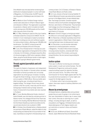 Omar Moallim was shot dead while monitoring food              contrary to Islam. On 21 October, al-Shabab in Baidoa
distribution to displaced people in a camp north-west         closed Radio Warsan and Radio Jubba.
of Mogadishu. On 22 December, the WFP head of                    On 2 June, director of Somali Universal Satellite TV
security guards in Beletweyne was shot dead in the            Ibrahim Mohamed Hussein was abducted by masked
town.                                                         gunmen in the Afgoye district; he was released days
    Two Médecins Sans Frontières foreign medical              later. Two foreign journalists, Canadian reporter
workers were abducted on 19 April in Bakool region            Amanda Lindhout and Australian photographer Nigel
and released on 28 April. The organization suspended          Brennan, were freed on 25 November. They had been
its operations in Bakool, which included one health           held hostage since their kidnapping in Afgoye on 23
centre serving some 250,000 people and four health            August 2008. Two Somali men abducted with them
posts, because of lack of security.                           were freed on 15 January.
    On 17 May, following its capture of the city of Jowhar,      Between 19 and 21 August, armed groups looted
al-Shabab raided the compound of UNICEF, the UN               the offices of a civil society organization in Mogadishu.
Children’s Fund. It destroyed or looted humanitarian             On 2 November, al-Shabab reportedly closed three
supplies, including vaccines and nutritional supplies         women’s organizations in Beled Hawo in Gedo region,
for malnourished children, affecting over 100,000 child       claiming that Islam does not allow women to work.
beneficiaries. The UNICEF compound was still                     On 3 December, a suicide bomber detonated
occupied by al-Shabab at the end of the year.                 explosives at a medical graduation ceremony
    In June, the al-Shabab faction in Kismayo accused         in Mogadishu. The attack killed at least 23 people,
humanitarian organizations of being behind the conflict       including medical students, university staff, three
in Somalia. On 25 October, al-Shabab closed the office        journalists and three TFG ministers, and injured
of a Somali aid agency, ASEP, which operates in Beled         at least 56 others. No one claimed responsibility for
Hawo, along the Somali-Kenyan border in Gedo region,          the attack.
allegedly for spying for Western governments.
                                                              Justice system
Threats against journalists and civil                         There was no effective functioning and centralized
society                                                       justice system in south and central Somalia. The UN
The space for freedom of expression and independent           Development Programme continued to provide
reporting on the situation in Somalia further narrowed.       capacity-building support for detention facilities,
Intimidation of Somali journalists and civil society          courts and police forces. The Office of the High
organizations by armed groups increased, including            Commissioner for Human Rights agreed with the TFG
through the threat of killings, closure of radio stations     to provide technical assistance in human rights and
and occupation of NGO offices. Nine journalists were          support for the fight against impunity.
killed during the year, including at least three in              In Puntland, which had a functioning justice
targeted killings. The dangers forced many Somali             system, there were reports of arbitrary detentions and
activists to flee the country. Insecurity and the risk of     unfair trials.
kidnappings hindered visits by foreign observers.
Cases of harassment of journalists were also reported         Abuses by armed groups
in Puntland.                                                  Al-Shabab factions unlawfully killed and punished           S
    On 7 June, Mukhtar Mohamed Hirabe, director of            people they accused of spying or not conforming to
Radio Shabelle, was shot dead by unknown gunmen in            their own interpretation of Islamic law. In areas under
Bakara market. His colleague Ahmed Omar Hashi was             their control, there was an alarming rise in public
injured in the shooting. Mukhtar Mohamed Hirabe was           killings, including stonings to death, as well as
the third Radio Shabelle journalist to be killed and the      amputations and floggings. Al-Shabab factions also
second radio director to be murdered in 2009.                 desecrated graves of Sufi religious leaders and
    On 1 October, the al-Shabab faction in Baidoa entered     put restrictions on women’s dress and freedom
the premises of Radio Warsan, asked the station to stop       of movement.
broadcasting and detained two of its journalists for two          On 25 June, Ali Mohamudi Geedi, Osmail Kalif
days, reportedly accusing them of broadcasting music          Abdule, Jeylani Mohamed Had and Abdulkadir Adow




Amnesty International Report 2010                                                                                   293
 