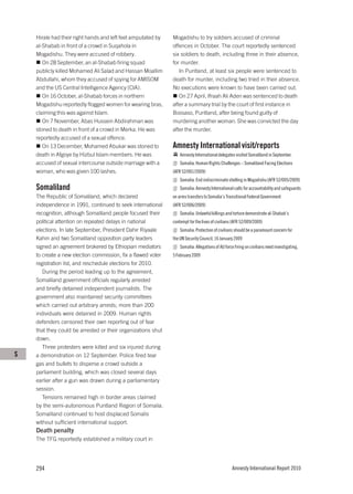 Hirale had their right hands and left feet amputated by   Mogadishu to try soldiers accused of criminal
    al-Shabab in front of a crowd in Suqahola in              offences in October. The court reportedly sentenced
    Mogadishu. They were accused of robbery.                  six soldiers to death, including three in their absence,
       On 28 September, an al-Shabab firing squad             for murder.
    publicly killed Mohamed Ali Salad and Hassan Moallim         In Puntland, at least six people were sentenced to
    Abdullahi, whom they accused of spying for AMISOM         death for murder, including two tried in their absence.
    and the US Central Intelligence Agency (CIA).             No executions were known to have been carried out.
       On 16 October, al-Shabab forces in northern               On 27 April, Ifraah Ali Aden was sentenced to death
    Mogadishu reportedly flogged women for wearing bras,      after a summary trial by the court of first instance in
    claiming this was against Islam.                          Bossaso, Puntland, after being found guilty of
       On 7 November, Abas Hussein Abdirahman was             murdering another woman. She was convicted the day
    stoned to death in front of a crowd in Merka. He was      after the murder.
    reportedly accused of a sexual offence.
       On 13 December, Mohamed Abukar was stoned to           Amnesty International visit/reports
    death in Afgoye by Hizbul Islam members. He was               Amnesty International delegates visited Somaliland in September.
    accused of sexual intercourse outside marriage with a         Somalia: Human Rights Challenges – Somaliland Facing Elections
    woman, who was given 100 lashes.                          (AFR 52/001/2009)
                                                                  Somalia: End indiscriminate shelling in Mogadishu (AFR 52/005/2009)
    Somaliland                                                    Somalia: Amnesty International calls for accountability and safeguards
    The Republic of Somaliland, which declared                on arms transfers to Somalia’s Transitional Federal Government
    independence in 1991, continued to seek international     (AFR 52/006/2009)
    recognition, although Somaliland people focused their         Somalia: Unlawful killings and torture demonstrate al-Shabab’s
    political attention on repeated delays in national        contempt for the lives of civilians (AFR 52/009/2009)
    elections. In late September, President Dahir Riyaale         Somalia: Protection of civilians should be a paramount concern for
    Kahin and two Somaliland opposition party leaders         the UN Security Council, 16 January 2009
    signed an agreement brokered by Ethiopian mediators           Somalia: Allegations of AU force firing on civilians need investigating,
    to create a new election commission, fix a flawed voter   5 February 2009
    registration list, and reschedule elections for 2010.
       During the period leading up to the agreement,
    Somaliland government officials regularly arrested
    and briefly detained independent journalists. The
    government also maintained security committees
    which carried out arbitrary arrests; more than 200
    individuals were detained in 2009. Human rights
    defenders censored their own reporting out of fear
    that they could be arrested or their organizations shut
    down.
       Three protesters were killed and six injured during
S   a demonstration on 12 September. Police fired tear
    gas and bullets to disperse a crowd outside a
    parliament building, which was closed several days
    earlier after a gun was drawn during a parliamentary
    session.
       Tensions remained high in border areas claimed
    by the semi-autonomous Puntland Region of Somalia.
    Somaliland continued to host displaced Somalis
    without sufficient international support.
    Death penalty
    The TFG reportedly established a military court in




    294                                                                                          Amnesty International Report 2010
 