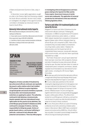 of State and Government Summit in Sirte, Libya in                           in investigating enforced disappearances and mass
    July.                                                                       graves relating to the Spanish Civil War and the
       In December, human rights organizations sought                           Franco regime. Government measures to tackle
    an order in the Pretoria High Court declaring unlawful                      racism were inadequate. The application of universal
    the South African authorities’ decision not to initiate                     jurisdiction for international crimes was restricted
    an investigation into alleged crimes against humanity                       following legislative reform.
    committed in Zimbabwe by individuals known to
    travel to South Africa.                                                     Torture and other ill-treatment/police and
                                                                                security forces
    Amnesty International visits/reports                                        Allegations of torture and other ill-treatment by law
        Amnesty International delegates visited South Africa in March,          enforcement officials continued. Following the
    July/August and November.                                                   introduction in 2008 of comprehensive CCTV systems
        Human rights concerns in South Africa: Memorandum sent to the South     in Catalan autonomous police stations, a national
    African government, August 2009 (AFR 53/008/2009)                           NGO network reported that complaints of ill-treatment
        South Africa: Failure to conduct impartial investigation into Kennedy   against Catalan police officers had gone down by
    Road violence is leading to further human rights abuses                     almost 40 per cent compared to 2007. None of the
    (AFR 53/011/2009)                                                           complaints they recorded related to ill-treatment
                                                                                occurring inside a police station. However, the
                                                                                national police and Civil Guard had still not
                                                                                implemented these measures, except with detainees
                                                                                held incommunicado, and only then when specifically

     SPAIN                                                                      requested by a judge.
                                                                                   The Public Prosecutor’s annual report stated that
                                                                                there had been more than 230 complaints of torture
     KINGDOM OF SPAIN
     Head of state:                        King Juan Carlos I de Borbón         and other ill-treatment by law enforcement officials
     Head of government:                  José Luis Rodríguez Zapatero          during the year. No steps had been taken to create an
     Death penalty:                           abolitionist for all crimes       independent police complaints commission, despite
     Population:                                             44.9 million       repeated recommendations by international human
     Life expectancy:                                         80.7 years        rights bodies, including the UN Human Rights
     Under-5 mortality (m/f):                              5/5 per 1,000
                                                                                Committee.
     Adult literacy:                                       97.9 per cent
                                                                                   No date was set for the trial of the two police officers
                                                                                charged with killing Osamuyia Akpitaye while he was
                                                                                being forcibly deported from Spain in June 2007.
    Allegations of torture and other ill-treatment by                              In June a video was published on the internet
    law enforcement officials continued, but reportedly                         showing the degrading treatment of a Senegalese man
    decreased in police stations which had installed                            during an attempt to forcibly deport him from Spain.
    CCTV systems. Reforms to asylum legislation                                 The footage showed him lying on his stomach on the
    recognized gender and sexual orientation as grounds                         tarmac at Madrid airport, his arms and legs tied
S   for persecution, but increased procedural                                   together behind his back and apparently being gagged
    restrictions on applying for asylum. The authorities                        by plain-clothes police officers. The officers then
    continued to hold detainees incommunicado,                                  picked him up off the ground, still tied up, and put him
    despite repeated calls from international human                             into the back of a police van after the pilot refused to
    rights bodies for this practice to be abolished. The                        allow him to board in these conditions.
    armed Basque group Euskadi Ta Askatasuna (ETA)                                 In June, three police officers accused of ill-treating
    continued its campaign of violence, claiming                                a detainee at Les Corts autonomous Catalan police
    responsibility for killing two people. Victims of                           station in Barcelona in March 2007 were convicted of
    gender-based violence, and human trafficking in                             assault and sentenced to a €600 fine. A fourth officer
    particular, continued to lack adequate state                                was acquitted. Concealed camera footage showed the
    protection and assistance. There was little progress                        officers kicking and beating the detainee.




    298                                                                                                    Amnesty International Report 2010
 