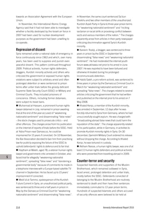 towards an Association Agreement with the European           In November, the same court sentenced Sa’dun
    Union.                                                       Sheikhu and two other members of the unauthorized
      In November, the International Atomic Energy               Kurdish Azadi Party in Syria to three-year prison terms
    Agency said that it had not been able to investigate         for “weakening nationalist sentiment” and “inciting
    whether a facility destroyed by the Israeli air force in     sectarian or racial strife or provoking conflict between
    2007 had been used for nuclear development                   sects and various members of the nation.” The charges
    purposes as the government had been unwilling to             apparently arose from articles in their party newspaper
    co-operate.                                                  criticizing discrimination against Syria’s Kurdish
                                                                 minority.
    Repression of dissent                                           Kareem ‘Arabji, a blogger, was sentenced to three
    Syria remained under a national state of emergency in        years in prison by the SSSC in September for
    force continuously since 1963 and which, over many           disseminating “false news” and “weakening nationalist
    years, has been used to suppress and punish even             sentiment”. He had moderated the internet youth
    peaceful dissent. This pattern continued throughout          forum www.akhawia.net prior to his arrest in June
    2009. Political activists, human rights defenders,           2007. He was reported to have been tortured and
    bloggers, Kurdish minority activists and others who          otherwise ill-treated during his prolonged
    criticized the government or exposed human rights            incommunicado detention.
    violations were subject to arbitrary arrest and often           Habib Saleh, a pro-reform activist, was sentenced to
    prolonged detention or were sentenced to prison              three years in prison by the Damascus Criminal Court in
    terms after unfair trials before the grossly deficient       March for “weakening nationalist sentiment” and
    Supreme State Security Court (SSSC) or Military and          spreading “false news”. The charges related to several
    Criminal Courts. They included prisoners of                  articles criticizing the government that he had written
    conscience. Others, including former detainees,              and published on the internet prior to his arrest on 7
    were subject to travel bans.                                 May 2008.
       Muhannad al-Hassani, a prominent human rights                Khaled Kenjo, a member of the Kurdish minority,
    lawyer detained in July, remained in prison awaiting         was arrested in September, 12 days after he was
    trial at the end of the year accused of “weakening           forcibly returned to Syria from Germany, where he had
    nationalist sentiment” and disseminating “false news”        unsuccessfully sought asylum. He was charged with
    – the stock charges used to prosecute critics – and          “broadcasting abroad false news that could harm the
    other offences. The charges arose from his publication       reputation of the state”. The charge apparently related
    on the internet of reports of trials before the SSSC. Held   to his participation, while in Germany, in activities to
    at ‘Adra Prison near Damascus, he could be                   promote Kurdish minority rights in Syria. On 30
    imprisoned for 15 years if convicted. On 10 November,        December, Qamishli Military Court ordered his release
    the Bar Association decided to ban him from practising       without dropping the charge. According to Khaled
    law for publicly exposing the failure of the SSSC to         Kenjo, he was tortured in custody.
    uphold defendants’ rights to defence and to fair trial.         Aktham Naisse, a human rights lawyer, was one of at
       Haytham al-Maleh, aged 78, a veteran human rights         least 11 human rights defenders and political activists
    lawyer and government critic arrested in October, also       who were prevented from travelling abroad in 2009.
S   faced trial for allegedly “weakening nationalist
    sentiment”, spreading “false news” and “slandering a         Counter-terror and security
    governmental body” because of comments he made in            Suspected Islamists and supporters of the Muslim
    a telephone interview with a Europe-based satellite TV       Brotherhood, which remained outlawed in Syria,
    channel in September. He too faced up to 15 years’           faced arrest, prolonged detention and unfair trials,
    imprisonment if convicted.                                   mostly before the SSSC. Defendants convicted of
       Mesh’al al-Tammo, spokesperson of the Kurdish             belonging to the Muslim Brotherhood are routinely
    Future Current in Syria, an unauthorized political party,    sentenced to death and then have their sentences
    was sentenced to three and a half years in prison in         immediately commuted to 12-year prison terms.
    May by the Damascus Criminal Court for “weakening            Hundreds of suspected Islamists and others accused
    nationalist sentiment” and disseminating “false news”.       of security offences were believed to be held at




    314                                                                                   Amnesty International Report 2010
 