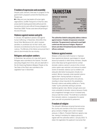 Freedom of expression and assembly
Despite public demand, there was no progress on the
government’s proposal to amend the Assembly and
                                                            TAJIKISTAN
Parade Law.                                                 REPUBLIC OF TAJIKISTAN
  In May and June, two leaders of human rights              Head of state:                       Emomali Rakhmon
organizations, Lee Min Tsong and Lin Chia Fan, were         Head of government:                           Okil Okilov
                                                            Death penalty:                   abolitionist in practice
prosecuted for leading assemblies without permits
                                                            Population:                                      7 million
during the visit of a semi-official Chinese delegation in   Life expectancy:                               66.4 years
November 2008. The two cases were still pending at          Under-5 mortality (m/f):                 83/74 per 1,000
the end of the year.                                        Adult literacy:                            99.6 per cent


Violence against women and girls
In January, the legislature passed a law against            The authorities failed to adequately address violence
human trafficking. In November, Article 80 of the           against women. Freedom of expression remained
Social Order Maintenance Act, which imposes                 restricted. The government continued to exert tight
penalties on prostitutes but not their clients, was         control over the exercise of religion. Reports of
declared unconstitutional by the Council of Grand           torture and other ill-treatment by law enforcement
Justices. The Ministry of the Interior announced that it    officers continued.
plans to decriminalize the sex industry.
                                                            Violence against women
Refugees and asylum-seekers                                 Between a third and a half of women in Tajikistan
In November, two versions of a new draft Law on             have experienced physical, psychological or sexual
Refugees were submitted to the Cabinet. The draft           abuse by husbands or other family members. Despite
excluding refugees from China, who are dealt with in        some initial steps by the government to combat
the Act Governing Relations Between People on the           domestic violence, women’s access to the criminal
Two Sides of the Strait, was submitted to the               justice system was restricted, and services to protect
Legislative Yuan in December.                               victims of domestic violence such as shelters and
                                                            adequate alternative housing were virtually non-
                                                            existent. Women massively under-reported violence
                                                            against them, fearing reprisals or because of
                                                            inadequate response by the police and judiciary,
                                                            resulting in virtual impunity for the perpetrators.
                                                            Domestic violence was widely justified as a “family
                                                            matter” by the authorities wishing to promote
                                                            traditional gender roles. Women and girls were even
                                                            more vulnerable to domestic violence because of early
                                                            and unregistered marriages and an increased early
                                                            drop-out rate from school. The draft law on protection
                                                            from domestic violence, in preparation for several
                                                            years, was still not presented to parliament.                T
                                                            Freedom of religion
                                                            The Jehovah’s Witnesses remained banned across
                                                            the country and members of the Sunni missionary
                                                            group Jamaat-ut Tabligh came under increased
                                                            pressure. In March, President Rakhmon signed a new
                                                            law, making it mandatory for religious groups to
                                                            register with the authorities before 1 January 2010. To
                                                            obtain the registration the applicant must prove that




Amnesty International Report 2010                                                                                 317
 