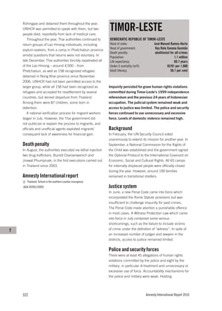 TIMOR-LESTE
    Rohingyas and detained them throughout the year.
    UNHCR was permitted to speak with them, but two
    people died, reportedly from lack of medical care.
       Throughout the year, Thai authorities continued to      DEMOCRATIC REPUBLIC OF TIMOR-LESTE
    return groups of Lao Hmong individuals, including          Head of state:                   José Manuel Ramos-Horta
    asylum-seekers, from a camp in Phetchabun province         Head of government:               Kay Rala Xanana Gusmão
                                                               Death penalty:                    abolitionist for all crimes
    amidst questions that returns were not voluntary. In
                                                               Population:                                       1.1 million
    late December, Thai authorities forcibly repatriated all   Life expectancy:                                  60.7 years
    of the Lao Hmong – around 4,500 – from                     Under-5 mortality (m/f):                    92/91 per 1,000
    Phetchabun, as well as 158 recognized refugees             Adult literacy:                                50.1 per cent
    detained in Nong Khai province since November
    2006. UNHCR had not been permitted access to the
    larger group, while all 158 had been recognized as         Impunity persisted for grave human rights violations
    refugees and accepted for resettlement by several          committed during Timor-Leste’s 1999 independence
    countries, but denied departure from Thailand.             referendum and the previous 24 years of Indonesian
    Among them were 87 children, some born in                  occupation. The judicial system remained weak and
    detention.                                                 access to justice was limited. The police and security
       A national verification process for migrant workers     forces continued to use unnecessary and excessive
    began in July. However, the Thai government did            force. Levels of domestic violence remained high.
    not publicize or explain the process to migrants, and
    officials and unofficial agents exploited migrants’        Background
    consequent lack of awareness for financial gain.           In February, the UN Security Council voted
                                                               unanimously to extend its mission for another year. In
    Death penalty                                              September, a National Commission for the Rights of
    In August, the authorities executed via lethal injection   the Child was established and the government signed
    two drug traffickers, Bundit Charoenwanich and             the Optional Protocol to the International Covenant on
    Jirawat Phumpruek, in the first executions carried out     Economic, Social and Cultural Rights. All 65 camps
    in Thailand since 2003.                                    for internally displaced people were officially closed
                                                               during the year. However, around 100 families
    Amnesty International report                               remained in transitional shelters.
       Thailand: Torture in the southern counter-insurgency
    (ASA 39/001/2009)                                          Justice system
                                                               In June, a new Penal Code came into force which
                                                               incorporated the Rome Statute provisions but was
                                                               insufficient to challenge impunity for past crimes.
                                                               The Penal Code made abortion a punishable offence
                                                               in most cases. A Witness Protection Law which came
                                                               into force in July contained some serious
                                                               shortcomings, such as the failure to include victims
T                                                              of crime under the definition of “witness”. In spite of
                                                               an increased number of judges and lawyers in the
                                                               districts, access to justice remained limited.

                                                               Police and security forces
                                                               There were at least 45 allegations of human rights
                                                               violations committed by the police and eight by the
                                                               military, in particular ill-treatment and unnecessary or
                                                               excessive use of force. Accountability mechanisms for
                                                               the police and military were weak. Holding




    322                                                                                   Amnesty International Report 2010
 