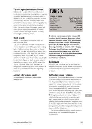 Violence against women and children
In October the Leader of Government Business in
the Senate announced that there had been a four-fold
                                                                 TUNISIA
increase in deaths as a result of domestic violence              REPUBLIC OF TUNISIA
between 2004 and 2008 and a 60 per cent increase                 Head of state:                     Zine El ‘Abidine Ben ‘Ali
in complaints of domestic violence over the same                 Head of government:                 Mohamed Ghannouchi
                                                                 Death penalty:                      abolitionist in practice
period. Women’s organizations acknowledged that the
                                                                 Population:                                     10.3 million
rise in the number of complaints may have been                   Life expectancy:                                  73.8 years
linked to improved police responses to reports, but              Under 5-mortality (m/f):                    24/21 per 1,000
noted that the government needed to do more to                   Adult literacy:                               77.7 per cent
support survivors of domestic violence, including
increasing the number of shelters.
                                                                 Freedom of expression, association and assembly
Death penalty                                                    remained severely restricted. Government critics,
At least 11 people were sentenced to death; no                   including journalists, human rights defenders and
executions took place.                                           student activists, were harassed, threatened and
   In July the authorities moved to execute Ronald               prosecuted. Hundreds of people were convicted
Tiwarie, despite the fact that his appeal was pending            following unfair trials on terrorism-related charges.
before the Inter-American Commission on Human                    Torture and other ill-treatment continued to be
Rights. His case was deferred after his lawyers filed a          reported, and prisoners were subjected to harsh
constitutional motion to the High Court; the motion              prison conditions. At least two death sentences were
was pending at the end of 2009. Ronald Tiwarie                   imposed, but the government maintained a
remained on death row at the end of the year, despite            moratorium on executions.
the fact that in August his death sentence became
eligible for commutation under a 1993 ruling of the              Background
Judicial Committee of the Privy Council which                    President Zine El ‘Abidine Ben ‘Ali was re-elected
deemed that more than five years under sentence of               for a fifth consecutive term in October amid reports of
death would constitute inhuman and degrading                     restrictions on political opponents and repression
treatment.                                                       of dissent.

Amnesty International report                                     Political prisoners – releases
   Trinidad and Tobago: First execution in 10 years threatened   In November, 68 prisoners were released to mark the
(AMR 49/001/2009)                                                22nd anniversary of the accession of President Ben
                                                                 ‘Ali. They included prisoners of conscience. In all
                                                                 cases, their release was conditional. Former political
                                                                 prisoners are usually placed under administrative
                                                                 control orders governing their place of residence.
                                                                 They are also required to report regularly to the police
                                                                 and denied passports and other official documents.
                                                                    Among those released were Adnan Hajji and 17                T
                                                                 others who had been sentenced on appeal to up to
                                                                 eight years in prison for protesting in 2008 against
                                                                 growing unemployment, poverty and rising living costs
                                                                 in the Gafsa region. Their trials were unfair. The courts
                                                                 disregarded and failed to investigate their allegations of
                                                                 torture and other ill-treatment.
                                                                    The presidential pardon did not apply to prisoners
                                                                 sentenced in their absence who had yet to be
                                                                 apprehended.




Amnesty International Report 2010                                                                                        325
 