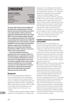 ZIMBABWE
                                                               two deputies – Arthur Mutambara of the MDC and
                                                               Thokhozani Khupe of the MDC-T. Other members of
                                                               the unity government were sworn in on 14 February.
    REPUBLIC OF ZIMBABWE                                       However, the unity government remained fragile
    Head of state and government:           Robert Mugabe      mainly due to President Mugabe’s refusal to
    Death penalty:                              retentionist   implement parts of the GPA. ZANU-PF argued that
    Population:                                 12.5 million
                                                               the MDC-T had not done enough to lobby for the end
    Life expectancy:                             43.4 years
    Under-5 mortality (m/f):               100/88 per 1,000    of targeted sanctions imposed by the EU and the
    Adult literacy:                           91.2 per cent    USA. In October, the MDC-T boycotted three cabinet
                                                               meetings in protest over delays in implementing the
                                                               GPA. The MDC-T only resumed attending cabinet
    The human rights situation improved slightly with          meetings after a SADC-convened summit on 5
    the setting up of a unity government in February.          November. The summit gave the parties 30 days to
    However, harassment and intimidation persisted of          resume dialogue to resolve the impasse. By the end of
    human rights defenders, political activists and            the year, none of the major issues had been resolved.
    supporters of the Movement for Democratic Change              Victims of the 2005 mass forced evictions
    (MDC-T) led by Prime Minister Morgan Tsvangirai.           continued to live in deplorable conditions.
    Scores of people perceived to be critics of the former
    ruling Zimbabwe African National Union (ZANU-PF)           Freedom of expression, association
    were targeted for arrest. State institutions controlled    and assembly
    by ZANU-PF continued to target perceived political         Suppression of human rights defenders and
    opponents, putting strain on the fragile unity             perceived political opponents of ZANU-PF persisted.
    government. Tensions within state institutions             Scores of human rights and political activists were
    fuelled attacks on MDC-T activists in rural areas as       arrested and charged after exercising their rights.
    well as on some commercial farms.                             The Attorney General’s office continued to invoke
       The economy showed the first signs of                   Section 121 of the Criminal Procedures and Evidence
    improvement since the crisis began in 2000. The            Act (CPEA) to prolong the detention of human rights
    Zimbabwe dollar was scrapped and hard currencies           defenders and political activists who would normally
    such as the US dollar and South African rand were          have been granted bail. Section 121 allows a further
    used instead. This brought inflation under control         seven days in detention to allow the state to lodge an
    and improved availability of food in shops. However,       appeal with a higher court.
    many poor households had no access to foreign                 At least 18 political prisoners were held on what were
    currencies and could not afford fees for education         believed to be trumped-up charges brought by the
    and health care. Intervention by humanitarian              former ZANU-PF government. On 2 March, Jestina
    agencies led to health facilities and schools              Mukoko and Broderick Takawira were bailed and
    reopening; most had closed in 2007.                        released after spending three months in custody.
                                                               Thirteen others were subsequently released on bail.
    Background                                                 Three – Gandhi Mudzingwa and Kisimusi Dhlamini,
    On 27 January, Southern African Development                both MDC-T officials; and Andrison Manyere, a
    Community (SADC) leaders held an extraordinary             journalist – were granted bail on 9 April. The authorities
    summit in South Africa to try to break the political       opposed the bail but failed to file an appeal within the
    impasse in Zimbabwe that followed the signing of the       seven-day period stipulated by Section 121 of the
    Global Political Agreement (GPA) on 15 September           CPEA. The three were released on 17 April only to be
    2008. The three parties to the GPA – ZANU-PF, MDC-         redetained within days by police. Gandhi Mudzingwa
    T and the MDC led by Arthur Mutambara – had                and Kisimusi Dhlamini remained in hospital receiving
    reached a deadlock over the allocation of key              treatment for injuries sustained by torture in custody.
    ministries.                                                They were finally granted bail on 13 May and released.
      Following the SADC intervention, Morgan Tsvangirai       All the detainees needed treatment as a result of torture
Z   was sworn in as Prime Minister on 11 February with         and other ill-treatment in custody.




    358                                                                                  Amnesty International Report 2010
 