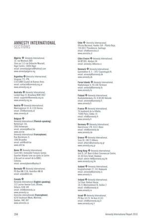 AMNESTY INTERNATIONAL                       Chile O Amnistía Internacional,
                                            Oficina Nacional, Huelén 164 - Planta Baja,
SECTIONS                                    750-0617 Providencia, Santiago
                                            email: info@amnistia.cl
                                            www.amnistia.cl
Algeria O Amnesty International,            Côte d’Ivoire O Amnesty International,
10, rue Mouloud ZADI                        04 BP 895, Abidjan 04
(face au 113 rue Didouche Mourad),          email: amnesty.ci@aviso.ci

                                            Denmark O Amnesty International,
Alger Centre, 16004 Alger
email: amnestyalgeria@hotmail.com
www.amnestyalgeria.org                      Gammeltorv 8, 5 - 1457 Copenhagen K.
Argentina O Amnistía Internacional,
                                            email: amnesty@amnesty.dk
                                            www.amnesty.dk

                                            Faroe Islands O Amnesty International,
Uruguay 775, 4ºB,
C1015AB0 Ciudad de Buenos Aires
email: contacto@amnesty.org.ar              Hoydalsvegur 6, FO-100 Tórshavn
www.amnesty.org.ar                          email: amnesty@amnesty.fo
Australia O Amnesty International,
                                            www.amnesty.fo
Locked Bag 23, Broadway NSW 2007            Finland O Amnesty International,
email: supporter@amnesty.org.au             Ruoholahdenkatu 24, D 00180 Helsinki
www.amnesty.org.au                          email: amnesty@amnesty.fi
Austria O Amnesty International,
                                            www.amnesty.fi
Moeringgasse 10, A-1150 Vienna              France O Amnesty International,
email: info@amnesty.at                      76 boulevard de la Villette,
www.amnesty.at                              75940 Paris, Cédex 19
Belgium O
                                            email: info@amnesty.fr
                                            www.amnesty.fr
Amnesty International (Flemish-speaking),
Kerkstraat 156,                             Germany O Amnesty International,
2060 Antwerpen                              Heerstrasse 178, 53111 Bonn
email: amnesty@aivl.be                      email: info@amnesty.de
www.aivl.be                                 www.amnesty.de
Amnesty International (francophone),
Rue Berckmans 9,                            Greece O Amnesty International,
1060 Bruxelles                              Sina 30, 106 72 Athens
email: aibf@aibf.be                         email: athens@amnesty.org.gr
www.aibf.be                                 www.amnesty.org.gr
Benin O Amnesty International,              Hong Kong O Amnesty International,
Carré 865, Immeuble François Gomez,         Unit D, 3/F, Best-O-Best Commercial Centre,
Quartier Aidjedo (une rue après le Centre   32-36 Ferry Street, Kowloon
d’Accueil en venant de la BIBE),            email: admin-hk@amnesty.org.hk
Cotonou                                     www.amnesty.org.hk

                                            Iceland O Amnesty International,
email: amnestybenin@yahoo.fr

Bermuda O Amnesty International,            Þingholtsstræti 27, 101 Reykjavík
PO Box HM 2136, Hamilton HM JX              email: amnesty@amnesty.is
email: aibda@ibl.bm                         www.amnesty.is
Canada O                                    Ireland O Amnesty International,
Amnesty International (English-speaking),   1st Floor, Ballast House,
312 Laurier Avenue East, Ottawa,            18-21 Westmoreland St, Dublin 2
Ontario, K1N 1H9                            email: info@amnesty.ie
email: info@amnesty.ca                      www.amnesty.ie

                                            Israel O Amnesty International,
www.amnesty.ca
Amnistie internationale (francophone),
6250 boulevard Monk, Montréal,              PO Box 14179, Tel Aviv 61141
Québec, H4E 3H7                             email: info@amnesty.org.il
www.amnistie.ca                             www.amnesty.org.il



394                                                                        Amnesty International Report 2010
 