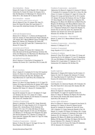 discrimination – Roma                                             freedom of expression – journalists
Bulgaria 88; Croatia 116; Czech Republic 120-1; Europe and         Afghanistan 56; Albania 61; Angola 63-4; Armenia 67; Bahrain
Central Asia 35; Finland 144; Greece 154; Hungary 165-6;          72; Cambodia 93-4; Cameroon 95; Chad 101-2; China 104; Côte
Italy 186; Macedonia 214; Montenegro 231; Romania 267-8;          d'Ivoire 114; Croatia 116; Djibouti 127; Egypt 132; Eritrea 138;
Serbia 281-2, 283; Slovakia 287-8; Slovenia 289-90                Ethiopia 141; Europe and Central Asia 36; Fiji 142-3; Gambia
discrimination – women                                            147; Georgia 149; Guinea 158; Honduras 164; Iraq 179; Kenya
(see also violence against women and girls)                       197; Korea (Republic of) 201; Kuwait 201-2; Kyrgyzstan 203;
Africa 8; Albania 62; Iran 174; Lebanon 206; Libya 211;           Madagascar 216; Mexico 225; Middle East and North Africa 44;
Oman 249; Poland 263; Qatar 266; Saudi Arabia 277;                Mongolia 229; Montenegro 230; Morocco/Western Sahara 232;
Sierra Leone 285; United Arab Emirates 339; Yemen 357             Nicaragua 244; Niger 245-6; Nigeria 248; Oman 250; Pakistan
                                                                  251-2; Palestinian Authority 255-6; Poland 264; Rwanda 273;
                                                                  Somalia 293; Sri Lanka 303; Sudan 307; Swaziland 309;
E                                                                 Tajikistan 318; Tanzania 319; Tunisia 326; Uganda 334;
enforced disappearances                                           Venezuela 352; Viet Nam 353; Yemen 357
Albania 59, 61; Americas 11, 12; Bosnia and Herzegovina 82;       freedom of expression – lèse majesté
Chad 101; Gambia 147; Korea (Democratic People's Republic of)
                                                                  Bahrain 72; Jordan 191-2; Morocco/Western Sahara 232;
199; Lebanon 206-7; Morocco/Western Sahara 234; Nepal 240;
                                                                  Thailand 321
Nigeria 247; Pakistan 252; Philippines 262; Serbia 282;
Spain 300; Sri Lanka 302; Sudan 306-7; Turkmenistan 331-2;        freedom of expression – minorities
Ukraine 337; Yemen 356                                            Indonesia 171; Malaysia 217-18
excessive use of force                                            freedom of movement
Belgium 78; Georgia 149; Guinea 156-7; Honduras 163;              Congo, Republic of 112-13; Cuba 117-18
India 168; Israel and the Occupied Palestinian Territories 184;
Jordan 192; Madagascar 215; Mauritania 222; Mozambique 235;       freedom of religion
Peru 259; Puerto Rico 265; Swaziland 309-10                       Armenia 67; China 105-6; Egypt 133; Eritrea 137; Europe and
                                                                  Central Asia 36; Fiji 143; Indonesia 171; Iran 175; Kazakhstan
extrajudicial executions                                          195; Laos 204; Malaysia 218; Morocco/Western Sahara 233-4;
Africa 4; Americas 12; Asia-Pacific 23; Bangladesh 74;            Pakistan 252-3; Saudi Arabia 277; Tajikistan 317-18;
Colombia 109; Guinea 156-7; South Africa 296; Sri Lanka 302
                                                                  Turkmenistan 332; Uzbekistan 350; Viet Nam 354;

F                                                                 H
forced evictions                                                  health [right to]
Africa 7; Angola 62-3; Cambodia 26, 93; Chad 102; Equatorial
                                                                  Afghanistan 57; Bulgaria 88-9; Burkina Faso 89; Croatia 117;
Guinea 135; Ghana 151; India 168; Israel and the Occupied
Palestinian Territories 184; Italy 186, 188; Nigeria 249;         Guyana 161; Haiti 161; Hungary 166; Indonesia 172; Ireland
Papua New Guinea 257; South Africa 296; Zimbabwe 358              181; Papua New Guinea 257; South Africa 297; Swaziland 310;
                                                                  Tanzania 320; United States of America 346
freedom of assembly
Belarus 75-6; Benin 78; Congo, Republic of 112-13; Egypt 132;     health, women’s
Estonia 139; Europe and Central Asia 36; Georgia 148-9; Jordan    Czech Republic 121; Dominican Republic 128; El Salvador 134;
191-2; Moldova 228; Russian Federation 270-1; Singapore 286;      Peru 260; Poland 263-4; Sierra Leone 285; Slovakia 288, 289
Swaziland 309; Taiwan 317; Ukraine 337; Zimbabwe 358-9            housing [right to]
freedom of association                                            Albania 59; Angola 62-3; Brazil 86; Bulgaria 88;
Burundi 90; Cameroon 95; Cuba 117-18; Djibouti 127; Egypt         Czech Republic 121; Egypt 133; Equatorial Guinea 135;
132; Honduras 164; Iran 174-5; Jordan 191-2; Korea                Ghana 151; Kenya 197; Maldives 220; Nigeria 249; Puerto Rico
(Democratic People's Republic of) 199; Rwanda 274; Swaziland      265; Romania 268; Slovakia 288; Solomon Islands 290;
309; Tunisia 326; Zimbabwe 358-9                                  South Africa 296; Vanuatu 351
freedom of expression                                             human rights defenders
Albania 61; Azerbaijan 70; Burundi 90-1; Congo, Democratic        Africa 5-6; Albania 61; Americas 19; Angola 63; Asia-Pacific 23;
Republic of the 124; Congo, Republic of 112-13; Estonia 139;      Azerbaijan 70-1; Belarus 76; Brazil 87; Burkina Faso 89;
Ethiopia 140-1; Guinea-Bissau 159-60; Honduras 164;               Burundi 91; Cambodia 93; Cameroon 95; Chad 102; China
Indonesia 170-1; Iran 174-5; Italy 188; Kenya 197; Korea          104-5; Colombia 111; Congo, Democratic Republic of the 124;
(Democratic People's Republic of) 199; Laos 204; Macedonia        Djibouti 127; Ecuador 129; Estonia 139; Ethiopia 140-1; Europe
214; Malaysia 217-18; Nicaragua 244; Philippines 262; Qatar       and Central Asia 31; Gambia 147; Guatemala 156; Guinea 157-8;
266; Russian Federation 270-1; Rwanda 273; Senegal 279;           Honduras 163, 164; Indonesia 171; Iran 174; Kenya 196;
Sierra Leone 285; Singapore 286; Taiwan 317; Togo 324; Turkey     Kyrgyzstan 203; Mexico 225; Middle East and North Africa 41;
328-9; Zimbabwe 358-9
                                                                  Moldova 228; Nicaragua 244; Niger 245; Nigeria 248; Peru 260;
freedom of expression - internet                                  Russian Federation 270-1; Rwanda 273; Serbia 282;
Bahrain 72; China 104; Cuba 117-18; Egypt 132; Iran 174;          Sri Lanka 303; Syria 314; Tunisia 326; Turkey 329; Uzbekistan
Korea (Republic of) 200; Malaysia 218                             349-50; Venezuela 352; Zimbabwe 358-9

Amnesty International Report 2010                                                                                             401
 