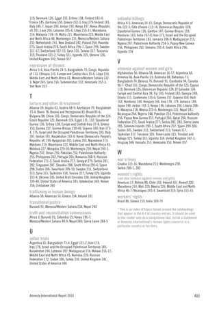 119; Denmark 126; Egypt 133; Eritrea 138; Finland 143-4;             unlawful killings
France 145; Germany 150; Greece 152-3; Iraq 179; Ireland 181;        Africa 4-5; Americas 14-15; Congo, Democratic Republic of
Italy 186-7; Japan 190; Jordan 192; Kenya 197; Korea (Republic       the 122-3; Côte d'Ivoire 113-14; Dominican Republic 128;
of) 201; Laos 204; Lebanon 205-6; Libya 210-11; Macedonia            Equatorial Guinea 136; Gambia 147; Guinea-Bissau 159;
214; Malaysia 218-19; Malta 221; Mauritania 223; Middle East         Honduras 163; India 167-8; Iran 173; Israel and the Occupied
and North Africa 48; Montenegro 231; Morocco/Western Sahara          Palestinian Territories 183; Jamaica 188-9; Madagascar 215;
233; Netherlands 241; New Zealand 242; Poland 264; Rwanda            Nigeria 247; Palestinian Authority 254-5; Papua New Guinea
275; Saudi Arabia 278; South Africa 296-7; Spain 299; Sweden         256; Philippines 262; Somalia 293-4; South Africa 296;
311-12; Switzerland 312-13; Syria 316; Taiwan 317; Tanzania          Uganda 334
319; Thailand 321-2; Turkey 331; Uganda 335; Ukraine 336;
United Kingdom 342; Yemen 357
                                                                     V
repression of dissent
Africa 5-6; Asia-Pacific 24-5; Bangladesh 73; Congo, Republic        violence against women and girls
of 113; Ethiopia 141; Europe and Central Asia 35-6; Libya 210;       Afghanistan 56; Albania 58; Americas 16-17; Argentina 66;
Middle East and North Africa 43; Morocco/Western Sahara 232-         Armenia 66; Asia-Pacific 23; Australia 68; Bahamas 71;
3; Niger 245; Syria 314; Turkmenistan 332; Venezuela 352-3;          Bangladesh 74; Belarus 76; Burundi 91; Cambodia 94; Canada
Viet Nam 353                                                         96-7; Chad 101; Congo, Democratic Republic of the 123; Cyprus
                                                                     119; Denmark 126; Dominican Republic 128; El Salvador 134;
                                                                     Europe and Central Asia 38; Fiji 143; Finland 143; Georgia 148;
T                                                                    Ghana 151; Guatemala 155-6; Guinea 157; Guyana 160; Haiti
                                                                     162; Honduras 164; Hungary 166; Iraq 178, 179; Jamaica 189;
torture and other ill-treatment                                      Japan 190; Jordan 192-3; Kenya 196; Lebanon 206; Liberia 208-
Albania 59; Angola 63; Austria 68-9; Azerbaijan 70; Bangladesh
                                                                     9; Malaysia 218; Mexico 225-6; Montenegro 231; Nepal 241;
73-4; Benin 78; Bosnia and Herzegovina 83; Brazil 85-6;
                                                                     Nicaragua 244; Nigeria 248; Pakistan 253; Palestinian Authority
Bulgaria 88; China 105; Congo, Democratic Republic of the 124;
                                                                     256; Papua New Guinea 257; Portugal 265; Qatar 266; Russian
Czech Republic 121; Denmark 126; Egypt 131, 132; Equatorial
                                                                     Federation 272; Saudi Arabia 277; Serbia 282, 283; Sierra Leone
Guinea 136; Eritrea 138; Europe and Central Asia 37-8; Greece
                                                                     285; Solomon Islands 290-1; South Africa 297; Spain 299-300;
153; Guinea 157; Guinea-Bissau 159-60; Guyana 160; Iran 173-
                                                                     Sudan 305; Sweden 312; Switzerland 313; Taiwan 317;
4, 175; Israel and the Occupied Palestinian Territories 185; Italy
                                                                     Tajikistan 317; Tanzania 320; Timor-Leste 323; Trinidad and
187; Jordan 191; Kazakhstan 193-4; Korea (Democratic People's
                                                                     Tobago 325; Turkey 331; Uganda 334; United Kingdom 342-3;
Republic of) 199; Kyrgyzstan 203; Latvia 205; Macedonia 213;
                                                                     Uruguay 348; Vanuatu 351; Venezuela 353; Yemen 357
Maldives 219; Mauritania 222; Middle East and North Africa 45;
Moldova 227; Mongolia 229-30; Montenegro 230; Nepal 240-1;
Nigeria 247; Oman 250; Pakistan 252; Palestinian Authority           W
255; Philippines 262; Portugal 265; Romania 268-9; Russian
Federation 271-2; Saudi Arabia 277; Senegal 279; Serbia 281,         war crimes
282; Singapore 287; Slovakia 288; South Africa 295-6; Spain          Croatia 115-16; Macedonia 213; Montenegro 230;
298; Sudan 306; Swaziland 309-10; Sweden 311; Switzerland            Serbia 280-1, 282
313; Syria 315; Tajikistan 318; Tunisia 327; Turkey 329; Uganda      women's rights
333-4; Ukraine 336; United Arab Emirates 338; United Kingdom         (see also violence against women and girls)
339-40; United States of America 345; Uzbekistan 349; Yemen          Americas 17; Bolivia 80; Chile 103; Ireland 181; Kuwait 202;
356; Zimbabwe 360                                                    Macedonia 214; Mali 220; Mexico 226; Middle East and North
trafficking in human beings                                          Africa 46-7; Nicaragua 243-4; Swaziland 310; Syria 315-16
Albania 58; Americas 14; Greece 154; Ireland 181                     workers' rights
transitional justice                                                 Brazil 86; Greece 153; India 169-70
Burundi 91; Morocco/Western Sahara 234; Nepal 240
                                                                     * This is an index of topics based around the subheadings
truth and reconciliation commissions                                 that appear in the A-Z of country entries. It should be used
Africa 3; Burundi 91; Colombia 15; Kenya 196-7;                      by the reader only as a navigational tool, not as a statement
Morocco/Western Sahara 48-9; Nepal 240; Sierra Leone 284-5           of Amnesty International’s human rights concerns in a
                                                                     particular country or territory.
U
unfair trials
Argentina 65; Bangladesh 73-4; Egypt 131-2; Iran 174;
Iraq 178; Israel and the Occupied Palestinian Territories 185;
Kazakhstan 194; Lebanon 207; Madagascar 216; Malawi 216-17;
Middle East and North Africa 45; Namibia 239; Russian
Federation 272; Sudan 306; Turkey 330; United Kingdom 341;
United States of America 346




Amnesty International Report 2010                                                                                               403
 