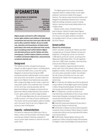 AFGHANISTAN
                                                              The Afghan government and its international
                                                           supporters failed to institute proper human rights
                                                           protection mechanisms ahead of the August
ISLAMIC REPUBLIC OF AFGHANISTAN                            elections. The elections were marred by violence and
Head of state and government:             Hamid Karzai     allegations of widespread electoral fraud, including
Death penalty:                              retentionist   ballot box stuffing, premature closure of polling
Population:                                 28.2 million
                                                           stations, opening unauthorized polling stations and
Life expectancy:                             43.6 years
Under-5 mortality (m/f):              233/238 per 1,000    multiple voting.
Adult literacy:                             28 per cent       Despite a public outcry, President Karzai’s
                                                           post re-election cabinet included several figures
                                                           facing credible and public allegations of war crimes
Afghan people continued to suffer widespread               and serious human rights violations committed
human rights violations and violations of international    during Afghanistan’s civil war, as well as after the
                                                                                                                         A
humanitarian law more than seven years after the USA       fall of the Taleban.
and its allies ousted the Taleban. Access to health
care, education and humanitarian aid deteriorated,         Armed conflict
particularly in the south and south-east of the country,   Abuses by armed groups
due to escalating armed conflict between Afghan            Civilian casualties caused by the Taleban and other
and international forces and the Taleban and other         insurgent groups increased. Between January and
armed groups. Conflict-related violations increased        September, armed groups carried out more than
in northern and western Afghanistan, areas previously      7,400 attacks across the country, according to the
considered relatively safe.                                Afghanistan NGO Safety Office. The UN registered
                                                           more than 2,400 civilian casualties, some two-thirds
Background                                                 of whom were killed by the Taleban.
The Taleban and other anti-government groups                   Violence peaked in August during the election
stepped up attacks against civilians, including attacks    period, with many of the attacks indiscriminate or
on schools and health clinics, across the country.         targeted at civilians. Used as polling stations, schools
Allegations of electoral fraud during the 2009             and clinics were vulnerable to attack. According to
presidential elections reflected wider concerns about      the UN, at least 16 schools and one clinic were
poor governance and endemic corruption within the          attacked by the Taleban and insurgent groups on
government. Afghans faced lawlessness associated           election day.
with a burgeoning illegal narcotics trade, a weak and          On 11 February, the Taleban launched suicide bomb
inept justice system and a systematic lack of respect      and gun attacks on three Afghan government buildings
for the rule of law. Impunity persisted, with the          in Kabul, killing at least 26 people, 20 of them civilians,
government failing to investigate and prosecute top        and injuring more than 60 others, mostly civilians.
government officials widely believed to be involved in         On 17 September, a suicide car bomb on an
human rights violations as well as illegal activities.     International Security Assistance Force convoy in Kabul
   The UN ranked Afghanistan the second poorest out        killed at least 18 people, including 10 civilians, and
of 182 countries in its index of human development.        injured more than 30 civilians. The Taleban claimed
The country had the second highest maternal mortality      responsibility for the attack.
rate in the world. Only 22 per cent of Afghans had             At least 30 civilians were killed and 31 wounded in
access to clean drinking water.                            attacks by the Taleban on election day.
                                                               On 8 October, a Taleban suicide car bomb exploded
Impunity – national elections                              outside the Indian Embassy in Kabul, killing 13 civilians
The failure to implement the 2005 Action Plan on           and two police officers and injuring another 60 civilians
Peace, Justice and Reconciliation and disband illegal      and 13 police officers.
armed groups allowed individuals suspected of                  On 28 October, Taleban fighters stormed a UN
serious human rights violations to stand for and hold      guesthouse in Kabul, killing five foreign UN employees,
public office.                                             one Afghan civilian and two Afghan security personnel.




Amnesty International Report 2010                                                                                  55
 