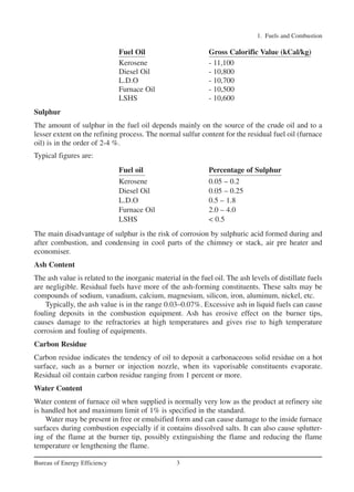 Fuel Oil Gross Calorific Value (kCal/kg)
Kerosene - 11,100
Diesel Oil - 10,800
L.D.O - 10,700
Furnace Oil - 10,500
LSHS - 10,600
Sulphur
The amount of sulphur in the fuel oil depends mainly on the source of the crude oil and to a
lesser extent on the refining process. The normal sulfur content for the residual fuel oil (furnace
oil) is in the order of 2-4 %.
Typical figures are:
Fuel oil Percentage of Sulphur
Kerosene 0.05 – 0.2
Diesel Oil 0.05 – 0.25
L.D.O 0.5 – 1.8
Furnace Oil 2.0 – 4.0
LSHS < 0.5
The main disadvantage of sulphur is the risk of corrosion by sulphuric acid formed during and
after combustion, and condensing in cool parts of the chimney or stack, air pre heater and
economiser.
Ash Content
The ash value is related to the inorganic material in the fuel oil. The ash levels of distillate fuels
are negligible. Residual fuels have more of the ash-forming constituents. These salts may be
compounds of sodium, vanadium, calcium, magnesium, silicon, iron, aluminum, nickel, etc.
Typically, the ash value is in the range 0.03–0.07%. Excessive ash in liquid fuels can cause
fouling deposits in the combustion equipment. Ash has erosive effect on the burner tips,
causes damage to the refractories at high temperatures and gives rise to high temperature
corrosion and fouling of equipments.
Carbon Residue
Carbon residue indicates the tendency of oil to deposit a carbonaceous solid residue on a hot
surface, such as a burner or injection nozzle, when its vaporisable constituents evaporate.
Residual oil contain carbon residue ranging from 1 percent or more.
Water Content
Water content of furnace oil when supplied is normally very low as the product at refinery site
is handled hot and maximum limit of 1% is specified in the standard.
Water may be present in free or emulsified form and can cause damage to the inside furnace
surfaces during combustion especially if it contains dissolved salts. It can also cause splutter-
ing of the flame at the burner tip, possibly extinguishing the flame and reducing the flame
temperature or lengthening the flame.
1. Fuels and Combustion
3
Bureau of Energy Efficiency
Ch-01.qxd 2/23/2005 11:18 AM Page 3
 