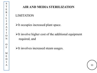 AIR AND MEDIA STERILIZATION
LIMITATION
It occupies increased plant space.
It involve higher cost of the additional equipment
required, and
It involves increased steam usages.
S
T
E
R
I
L
I
Z
A
T
I
O
N
O
F
M
E
D
I
A 11
 
