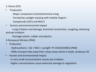 2. Ozone (O3)
• Production
-Major component of photochemical smog
-Formed by sunlight reacting with Volatile Organic
Compounds (VOC) and NOx 
• Human and environmental impact
-Lung irritation and damage, bronchial constriction, coughing, wheezing
and eye irritation
-Damages plants, rubber and plastics
3.Peroxyacyl Nitrates (PAN)
• Production
-Hydrocarbons + O2 + NO2 + sunlight  CH3COOONO2 (PAN)
-PANs transport Nox away from urban areas where it easily produces O3
• Human and environmental impact
-In very small concentrations causes eye irritation
-Higher concentrations cause extensive damage to vegetation
 