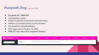 Pazopanib Drug [Aeppli et al, 2020]
● Drugbank ID : DB06589
● Antineoplastic agent.
● Used in treatment of advanced renal cell cancer.
● Inhibitor of multiple protein tyrosine kinases.
● Developed by GlaxoSmithKline.
● FDA approved on October 19, 2009.
● SMILES were taken from drugbank database.
 