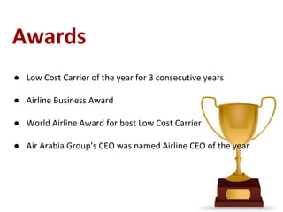 Awards
● Low Cost Carrier of the year for 3 consecutive years
● Airline Business Award
● World Airline Award for best Low Cost Carrier
● Air Arabia Group’s CEO was named Airline CEO of the year
 