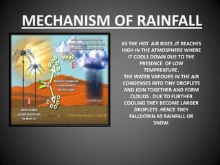 MECHANISM OF RAINFALL
           AS THE HOT AIR RISES ,IT REACHES
           HIGH IN THE ATMOSPHERE WHERE
              IT COOLS DOWN DUE TO THE
                   PRESENCE OF LOW
                    TEMPREATURE.
            THE WATER VAPOURS IN THE AIR
           CONDENSES INTO TINY DROPLETS
            AND JOIN TOGETHER AND FORM
               CLOUDS . DUE TO FURTHER
            COOLING THEY BECOME LARGER
                 DROPLETS .HENCE THEY
               FALLDOWN AS RAINFALL OR
                        SNOW.
 