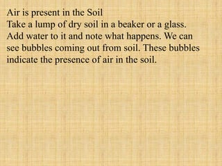 Air is present in the Soil
Take a lump of dry soil in a beaker or a glass.
Add water to it and note what happens. We can
see bubbles coming out from soil. These bubbles
indicate the presence of air in the soil.
 