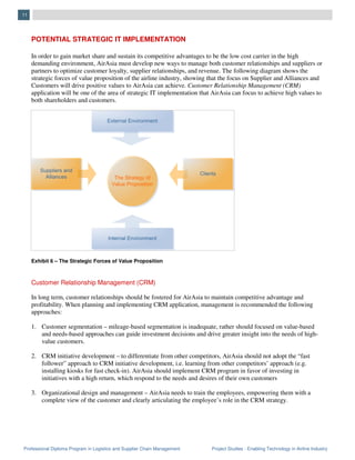Professional Diploma Program in Logistics and Supplier Chain Management Project Studies - Enabling Technology in Airline Industry
11
POTENTIAL STRATEGIC IT IMPLEMENTATION
In order to gain market share and sustain its competitive advantages to be the low cost carrier in the high
demanding environment, AirAsia must develop new ways to manage both customer relationships and suppliers or
partners to optimize customer loyalty, supplier relationships, and revenue. The following diagram shows the
strategic forces of value proposition of the airline industry, showing that the focus on Supplier and Alliances and
Customers will drive positive values to AirAsia can achieve. Customer Relationship Management (CRM)
application will be one of the area of strategic IT implementation that AirAsia can focus to achieve high values to
both shareholders and customers.
Exhibit 6 – The Strategic Forces of Value Proposition
Customer Relationship Management (CRM)
In long term, customer relationships should be fostered for AirAsia to maintain competitive advantage and
profitability. When planning and implementing CRM application, management is recommended the following
approaches:
1. Customer segmentation – mileage-based segmentation is inadequate, rather should focused on value-based
and needs-based approaches can guide investment decisions and drive greater insight into the needs of high-
value customers.
2. CRM initiative development – to differentiate from other competitors, AirAsia should not adopt the “fast
follower” approach to CRM initiative development, i.e. learning from other competitors’ approach (e.g.
installing kiosks for fast check-in). AirAsia should implement CRM program in favor of investing in
initiatives with a high return, which respond to the needs and desires of their own customers
3. Organizational design and management – AirAsia needs to train the employees, empowering them with a
complete view of the customer and clearly articulating the employee’s role in the CRM strategy.
 