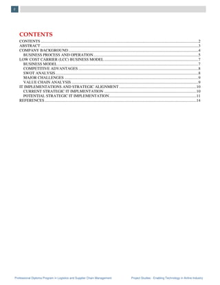 Professional Diploma Program in Logistics and Supplier Chain Management Project Studies - Enabling Technology in Airline Industry
2
CONTENTS
CONTENTS...............................................................................................................................................................2
ABSTRACT ...............................................................................................................................................................3
COMPANY BACKGROUND...................................................................................................................................4
BUSINESS PROCESS AND OPERATION..........................................................................................................5
LOW COST CARRIER (LCC) BUSINESS MODEL...............................................................................................7
BUSINESS MODEL..............................................................................................................................................7
COMPETITIVE ADVANTAGES .........................................................................................................................8
SWOT ANALYSIS................................................................................................................................................8
MAJOR CHALLENGES .......................................................................................................................................9
VALUE CHAIN ANALYSIS ................................................................................................................................9
IT IMPLEMENTATIONS AND STRATEGIC ALIGNMENT..............................................................................10
CURRENT STRATEGIC IT IMPLMENTATION .............................................................................................10
POTENTIAL STRATEGIC IT IMPLEMENTATION........................................................................................11
REFERENCES.........................................................................................................................................................14
 