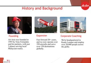 History and Background
Founding
Air Asia was founded in
1993 by Tony Fernandes
and his partners, with just
3 planes serving local
Malaysian routes.
Expansion
Fast forward 20+ years,
and we now operate over
350 aircrafts and serve
over 150 destinations
globally.
Corporate Coaching
We're headquartered in
Kuala Lumpur and employ
over 20,000 people across
the globe.
 